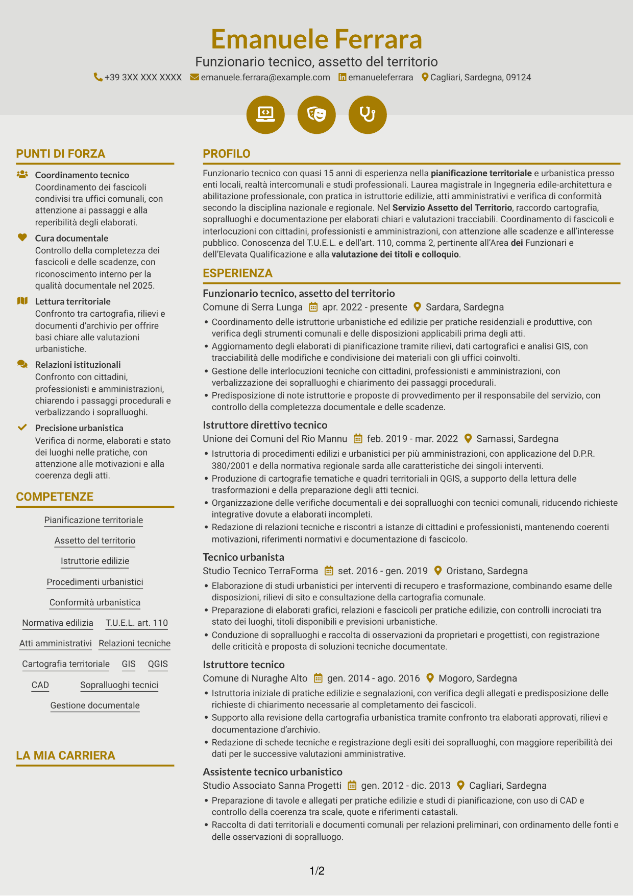 CV Dinamico (formato a due colonne con icone): Funzionario tecnico - Pianificazione territoriale, pagina 1