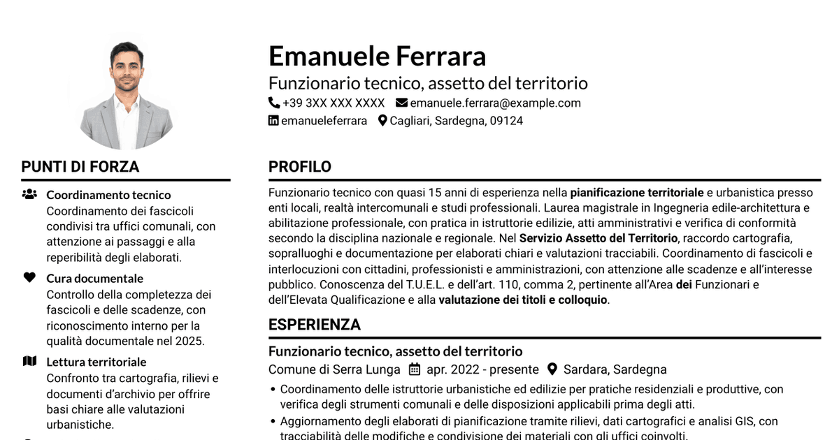 7 modelli di CV per Funzionario tecnico - Pianificazione territoriale, con esempi