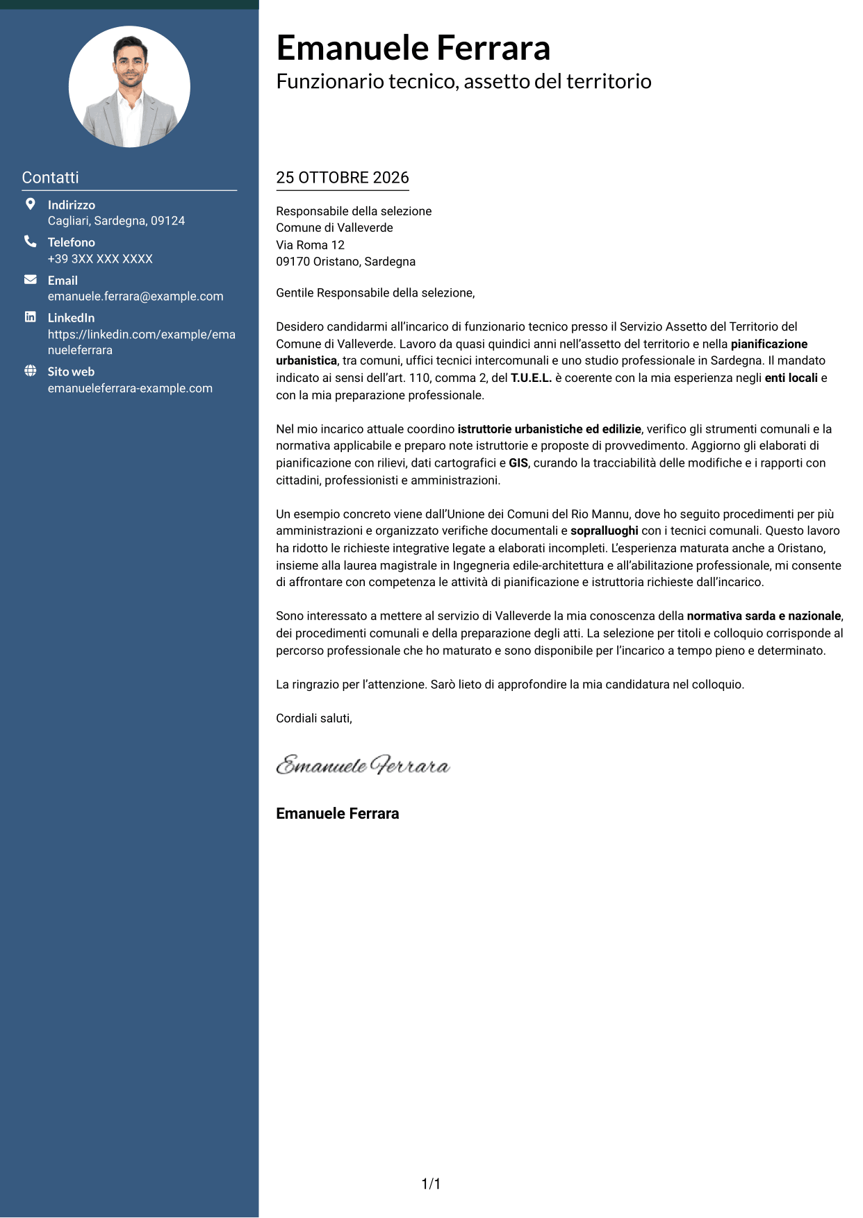 Lettera di presentazione Elegante (formato con colonna laterale colorata e foto): Funzionario tecnico - Pianificazione territoriale, pagina 1