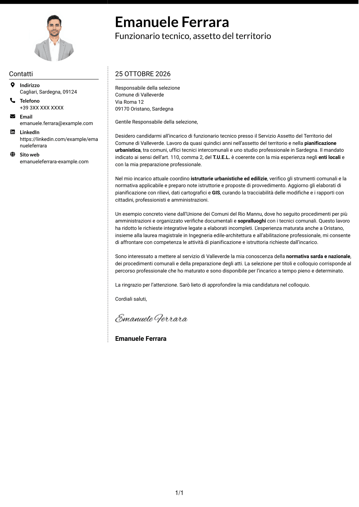 Lettera di presentazione Moderno (formato a due colonne con foto a sinistra e separatore): Funzionario tecnico - Pianificazione territoriale, pagina 1