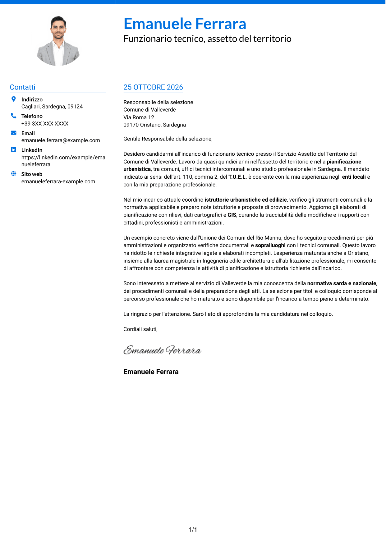 Lettera di presentazione Audace (formato a due colonne con accenti colorati e foto): Funzionario tecnico - Pianificazione territoriale, pagina 1