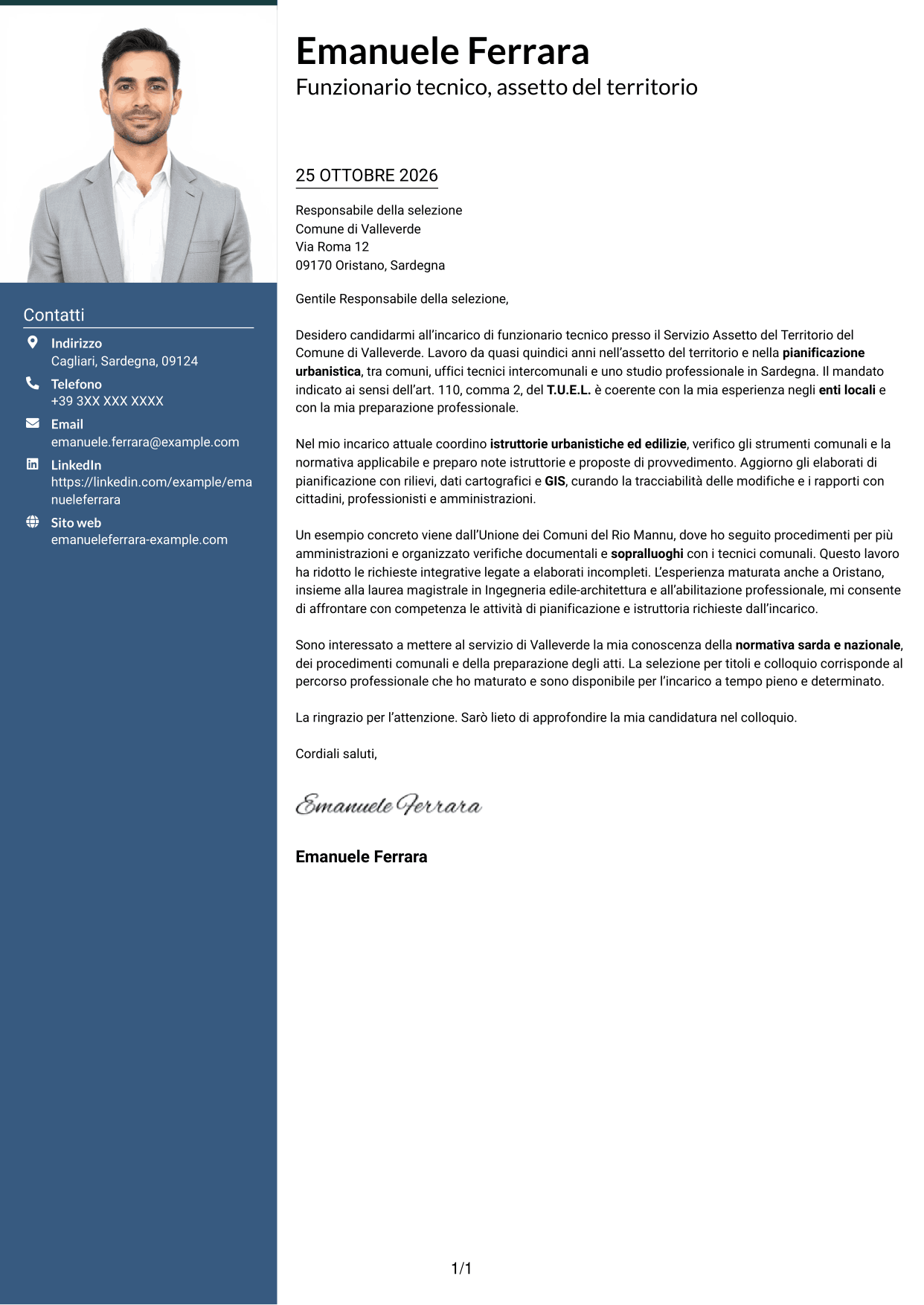 Lettera di presentazione Signature (formato con colonna laterale colorata e foto grande): Funzionario tecnico - Pianificazione territoriale, pagina 1
