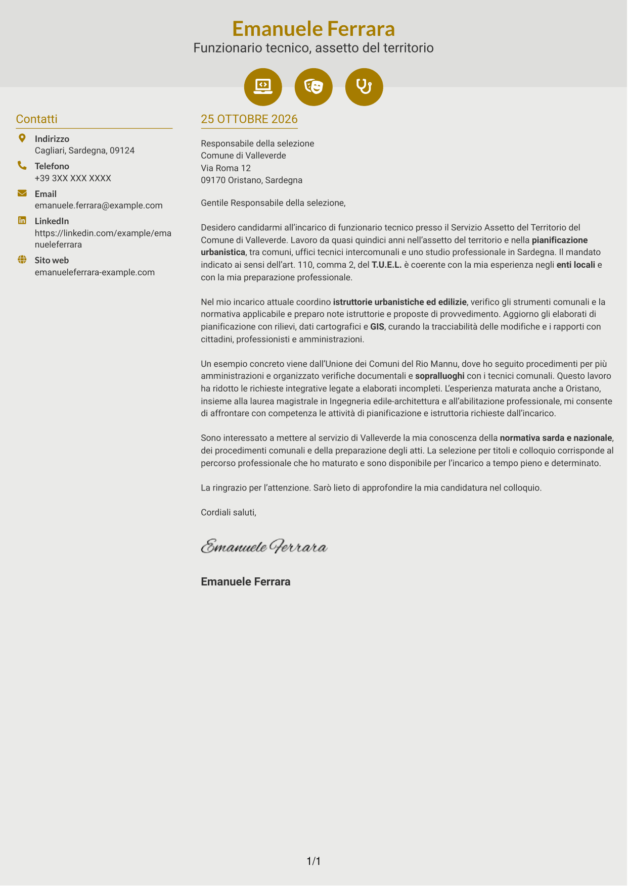 Lettera di presentazione Dinamico (formato a due colonne con icone): Funzionario tecnico - Pianificazione territoriale, pagina 1