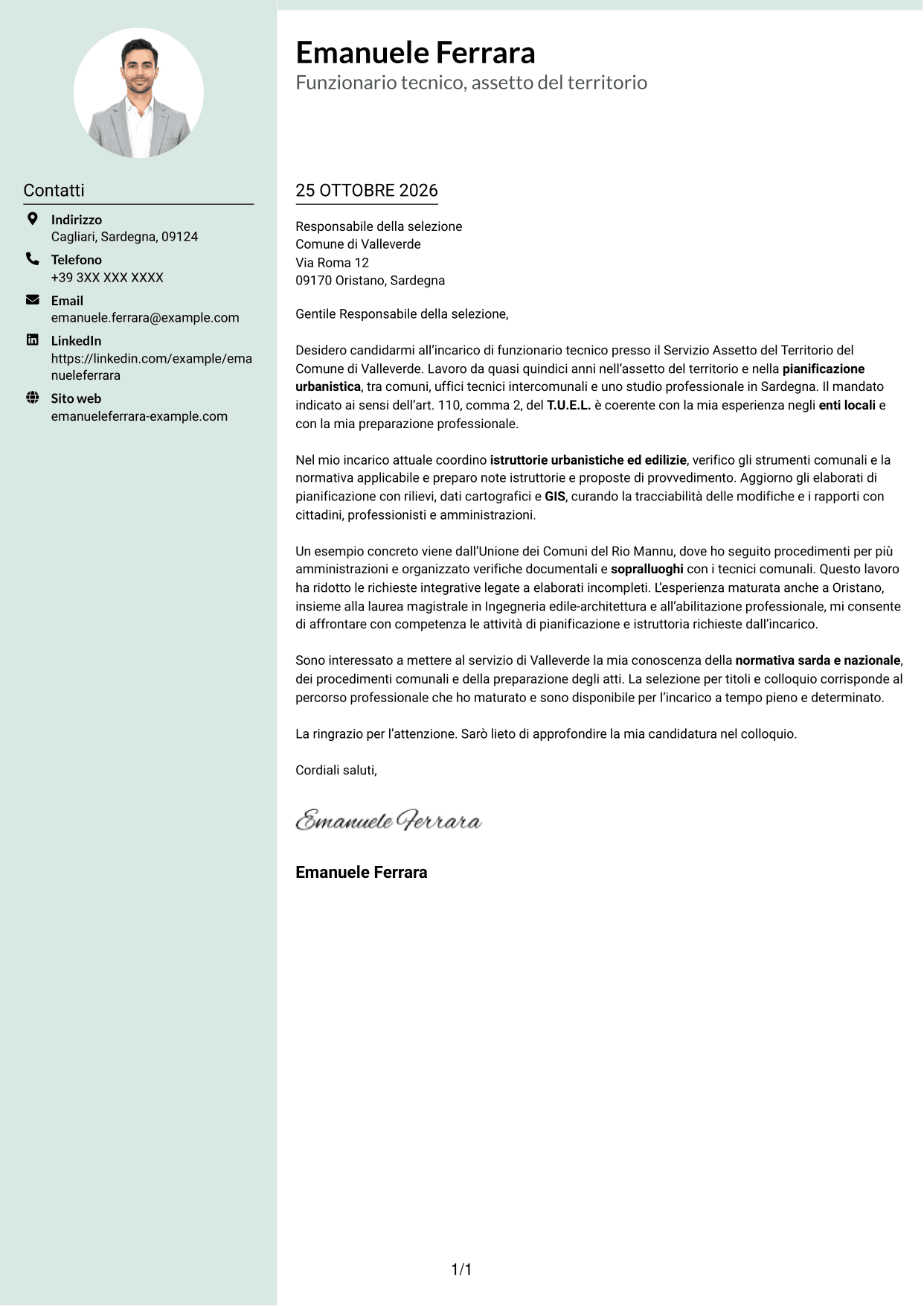 Lettera di presentazione Dirigente (formato con colonna laterale tenue e foto arrotondata): Funzionario tecnico - Pianificazione territoriale, pagina 1