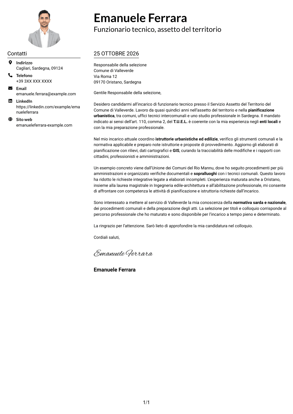 Esempio di lettera di presentazione — pagina 1