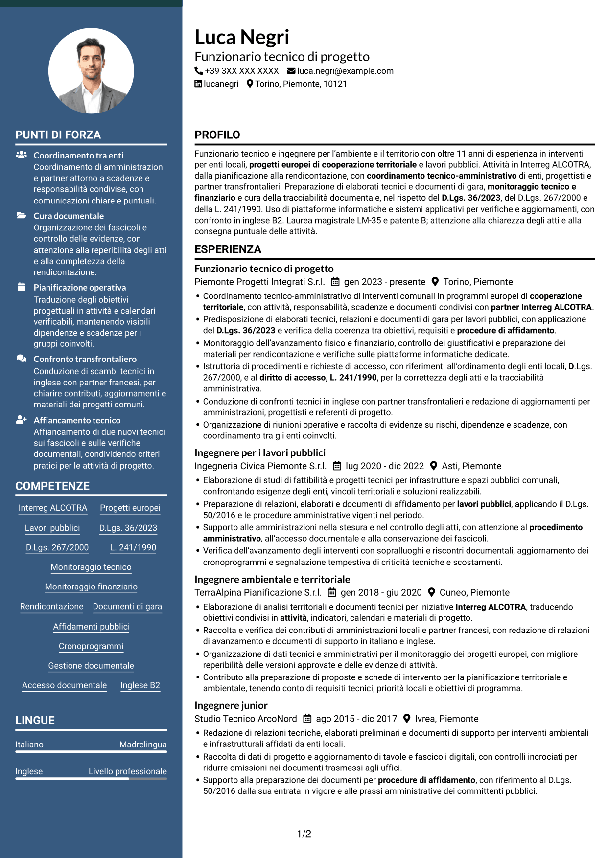 CV Elegante (formato con colonna laterale colorata e foto): Funzionario tecnico - Progetti europei e lavori pubblici, pagina 1
