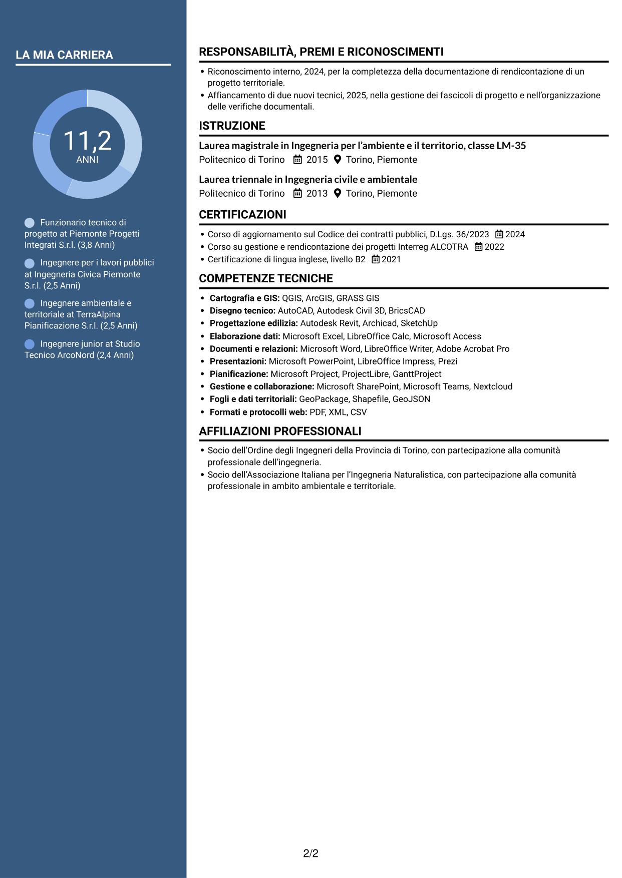 CV Elegante (formato con colonna laterale colorata e foto): Funzionario tecnico - Progetti europei e lavori pubblici, pagina 2