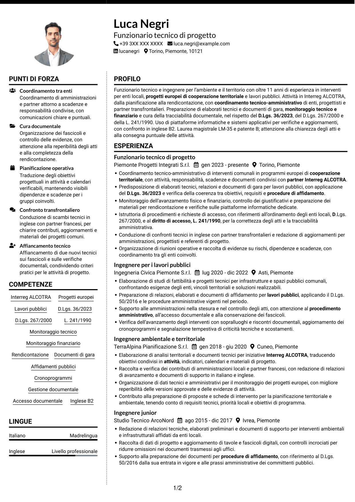 CV Moderno (formato a due colonne con foto a sinistra e separatore): Funzionario tecnico - Progetti europei e lavori pubblici, pagina 1