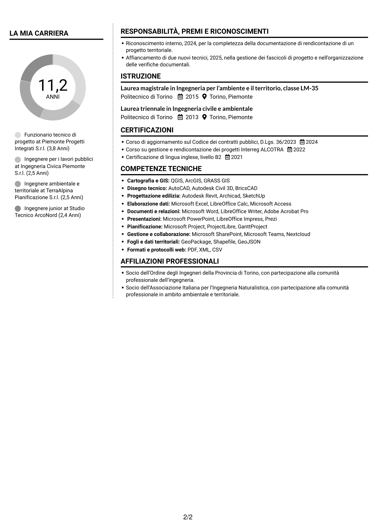 CV Moderno (formato a due colonne con foto a sinistra e separatore): Funzionario tecnico - Progetti europei e lavori pubblici, pagina 2