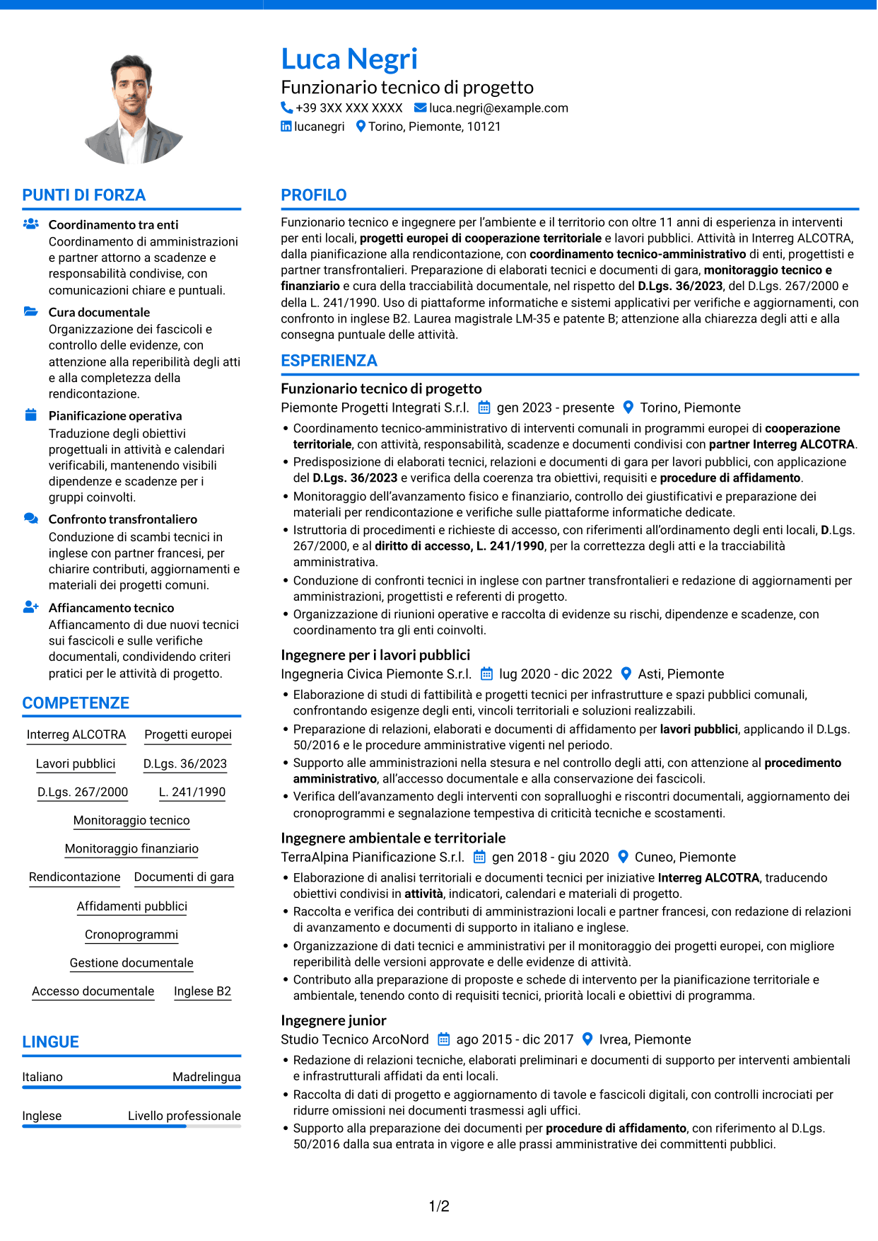 CV Audace (formato a due colonne con accenti colorati e foto): Funzionario tecnico - Progetti europei e lavori pubblici, pagina 1