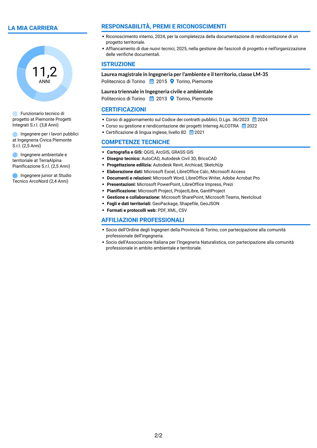 CV Audace (formato a due colonne con accenti colorati e foto): Funzionario tecnico - Progetti europei e lavori pubblici, pagina 2
