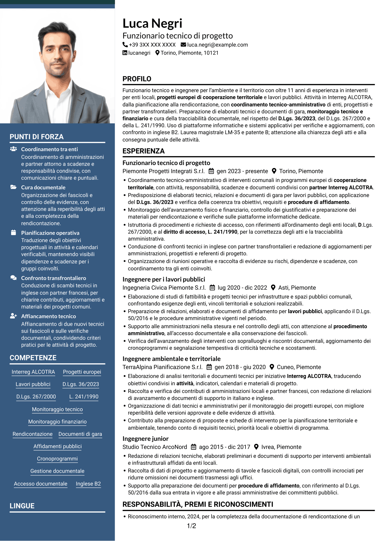 CV Signature (formato con colonna laterale colorata e foto grande): Funzionario tecnico - Progetti europei e lavori pubblici, pagina 1