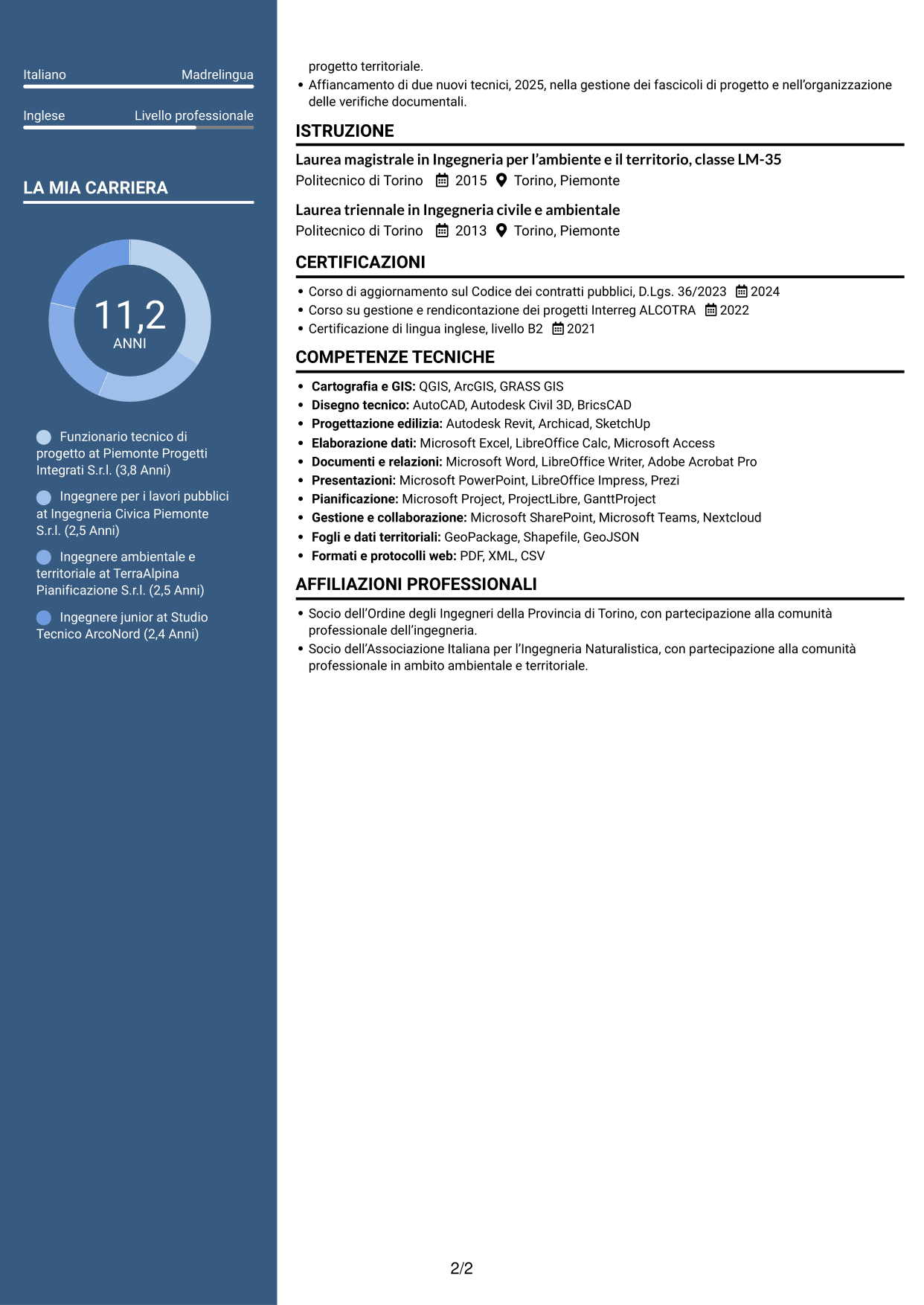 CV Signature (formato con colonna laterale colorata e foto grande): Funzionario tecnico - Progetti europei e lavori pubblici, pagina 2