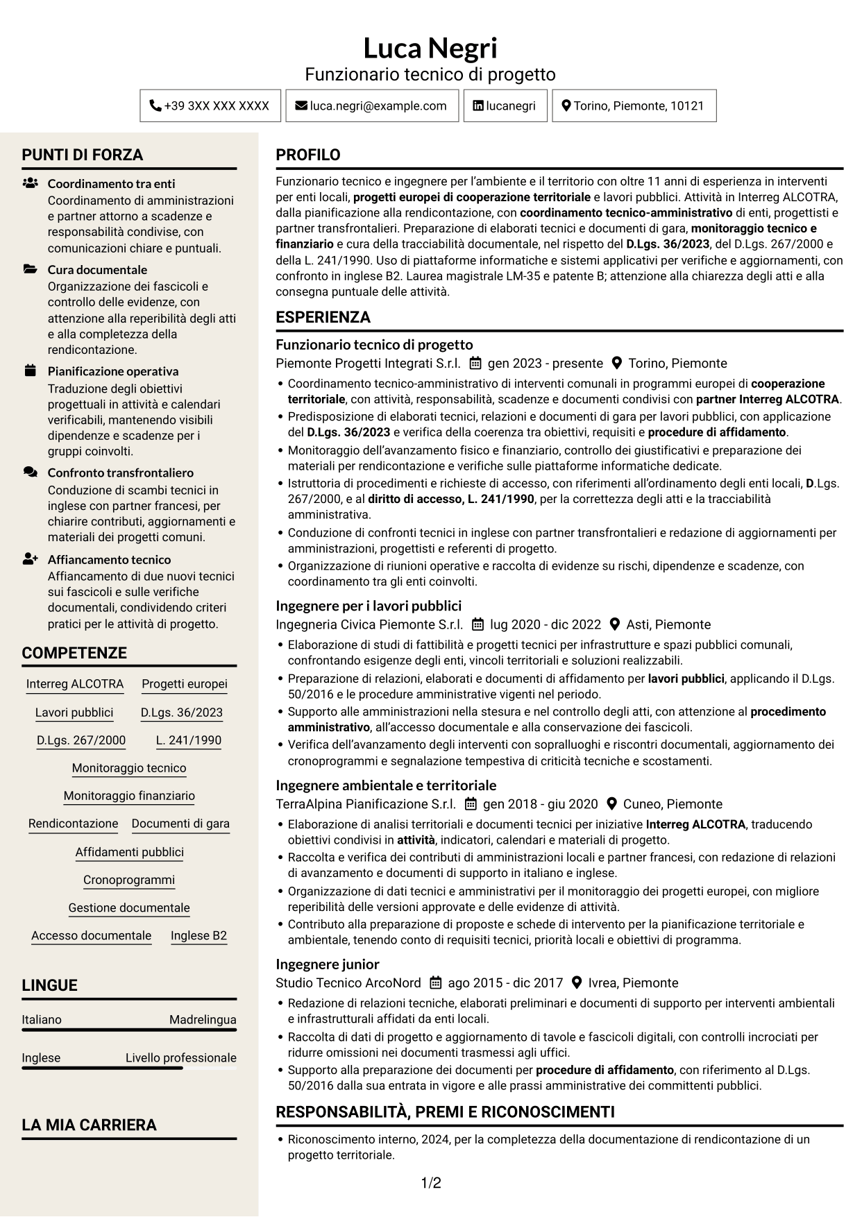 CV Intraprendente (formato a due colonne con intestazione centrata senza foto): Funzionario tecnico - Progetti europei e lavori pubblici, pagina 1