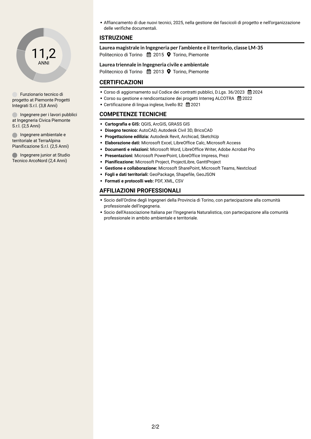 CV Intraprendente (formato a due colonne con intestazione centrata senza foto): Funzionario tecnico - Progetti europei e lavori pubblici, pagina 2