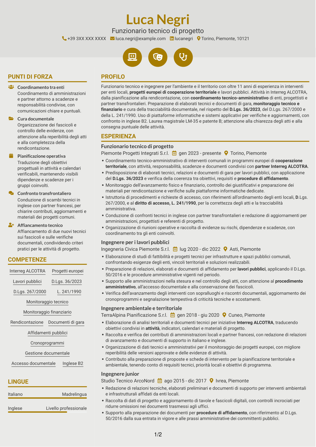 CV Dinamico (formato a due colonne con icone): Funzionario tecnico - Progetti europei e lavori pubblici, pagina 1