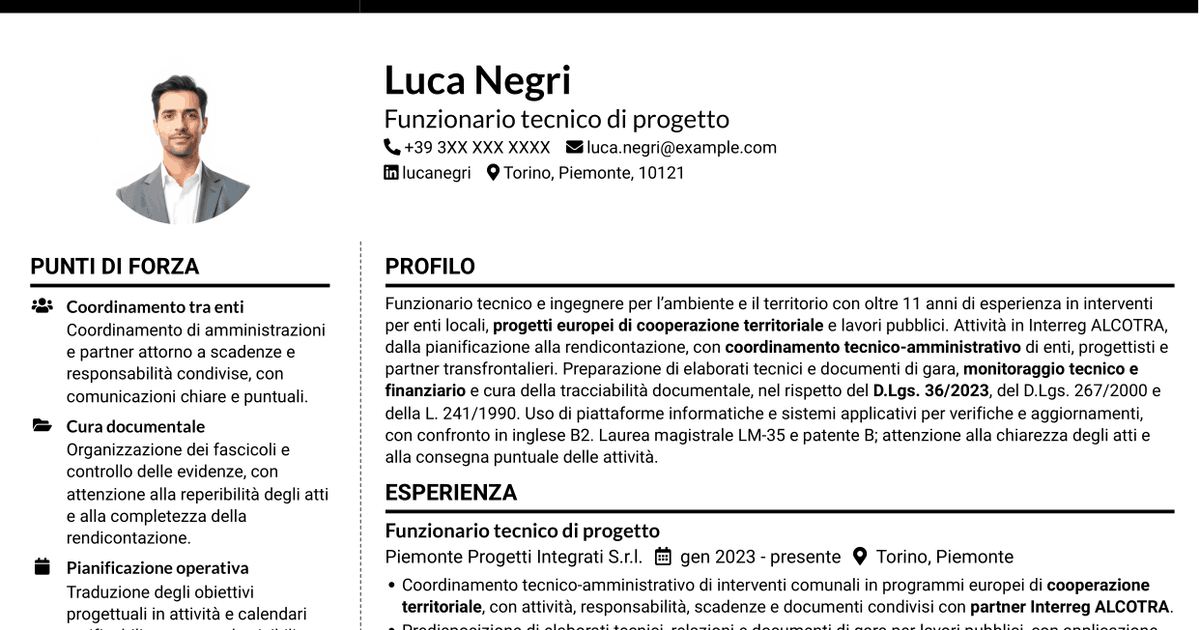 7 modelli di CV per Funzionario tecnico - Progetti europei e lavori pubblici, con esempi