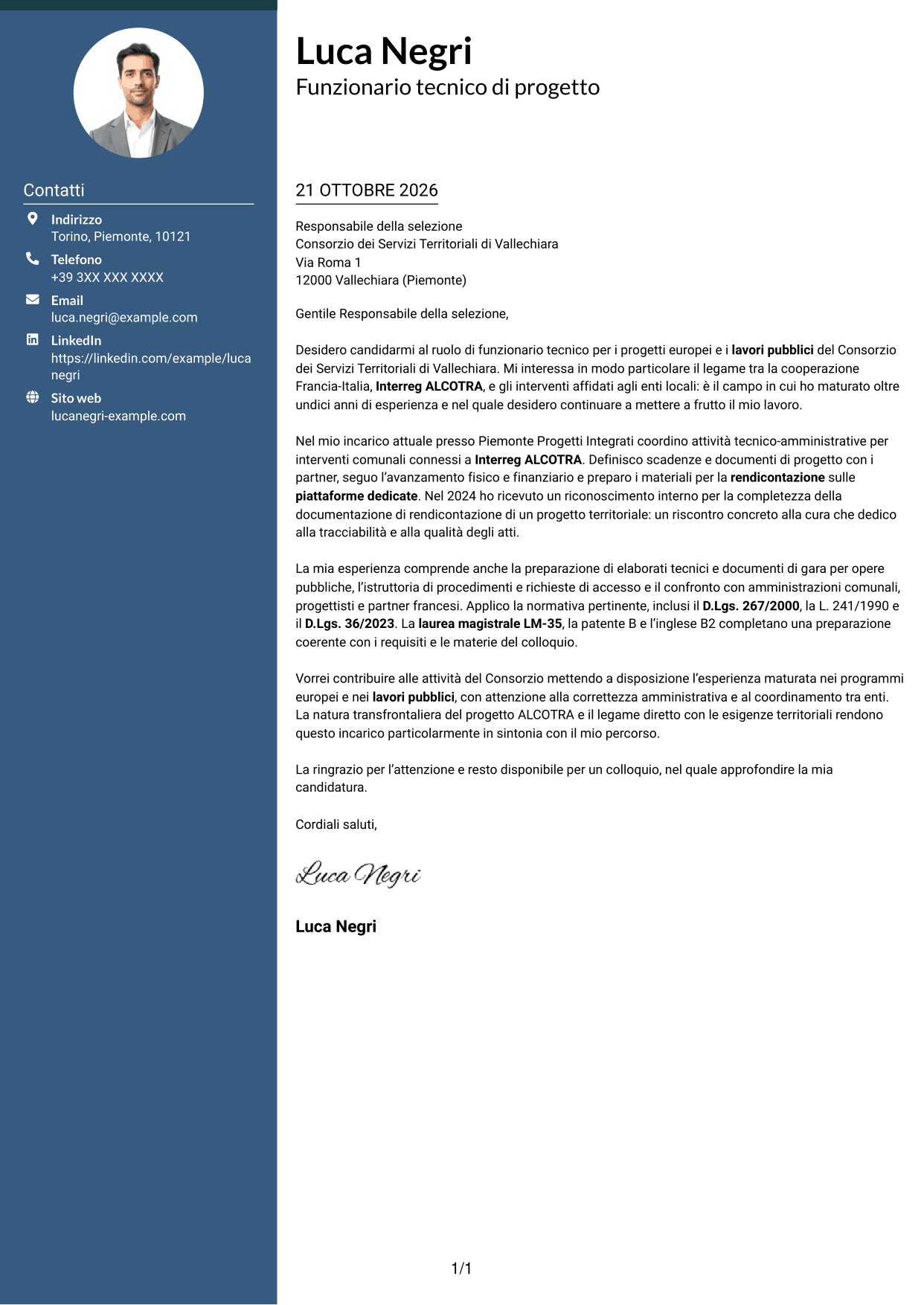 Lettera di presentazione Elegante (formato con colonna laterale colorata e foto): Funzionario tecnico - Progetti europei e lavori pubblici, pagina 1
