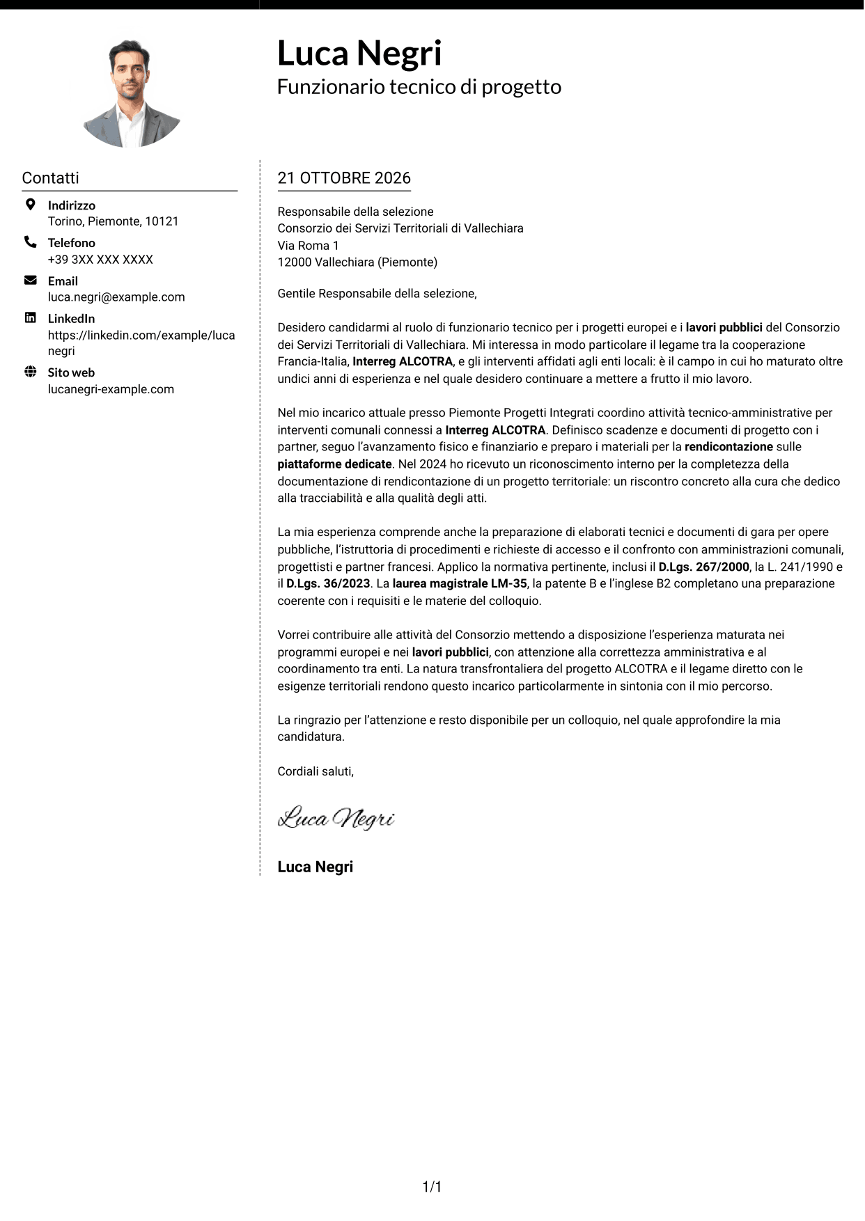 Lettera di presentazione Moderno (formato a due colonne con foto a sinistra e separatore): Funzionario tecnico - Progetti europei e lavori pubblici, pagina 1