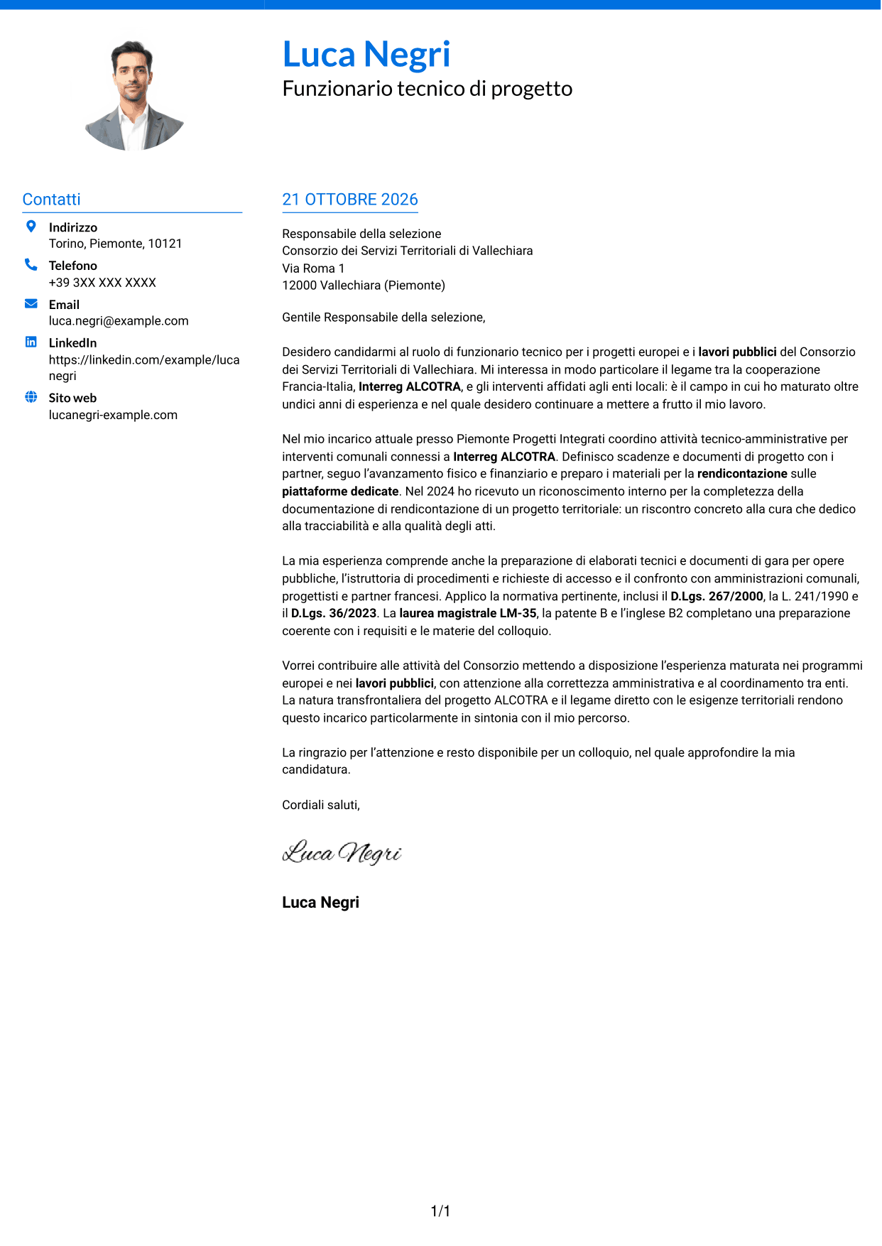 Lettera di presentazione Audace (formato a due colonne con accenti colorati e foto): Funzionario tecnico - Progetti europei e lavori pubblici, pagina 1