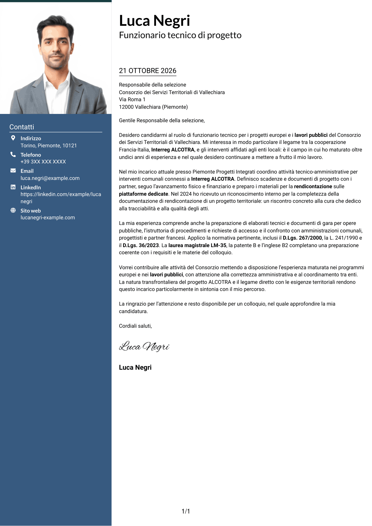 Lettera di presentazione Signature (formato con colonna laterale colorata e foto grande): Funzionario tecnico - Progetti europei e lavori pubblici, pagina 1