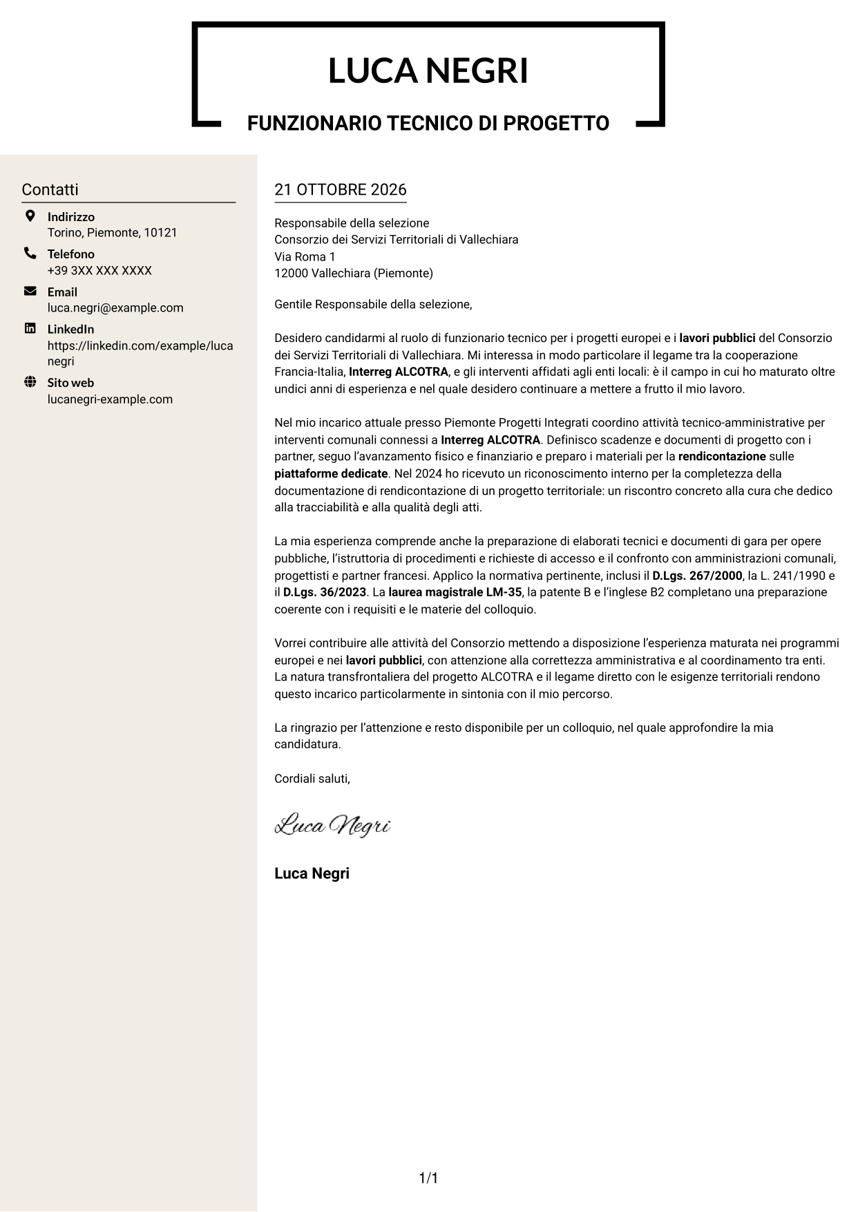 Lettera di presentazione Intraprendente (formato a due colonne con intestazione centrata senza foto): Funzionario tecnico - Progetti europei e lavori pubblici, pagina 1