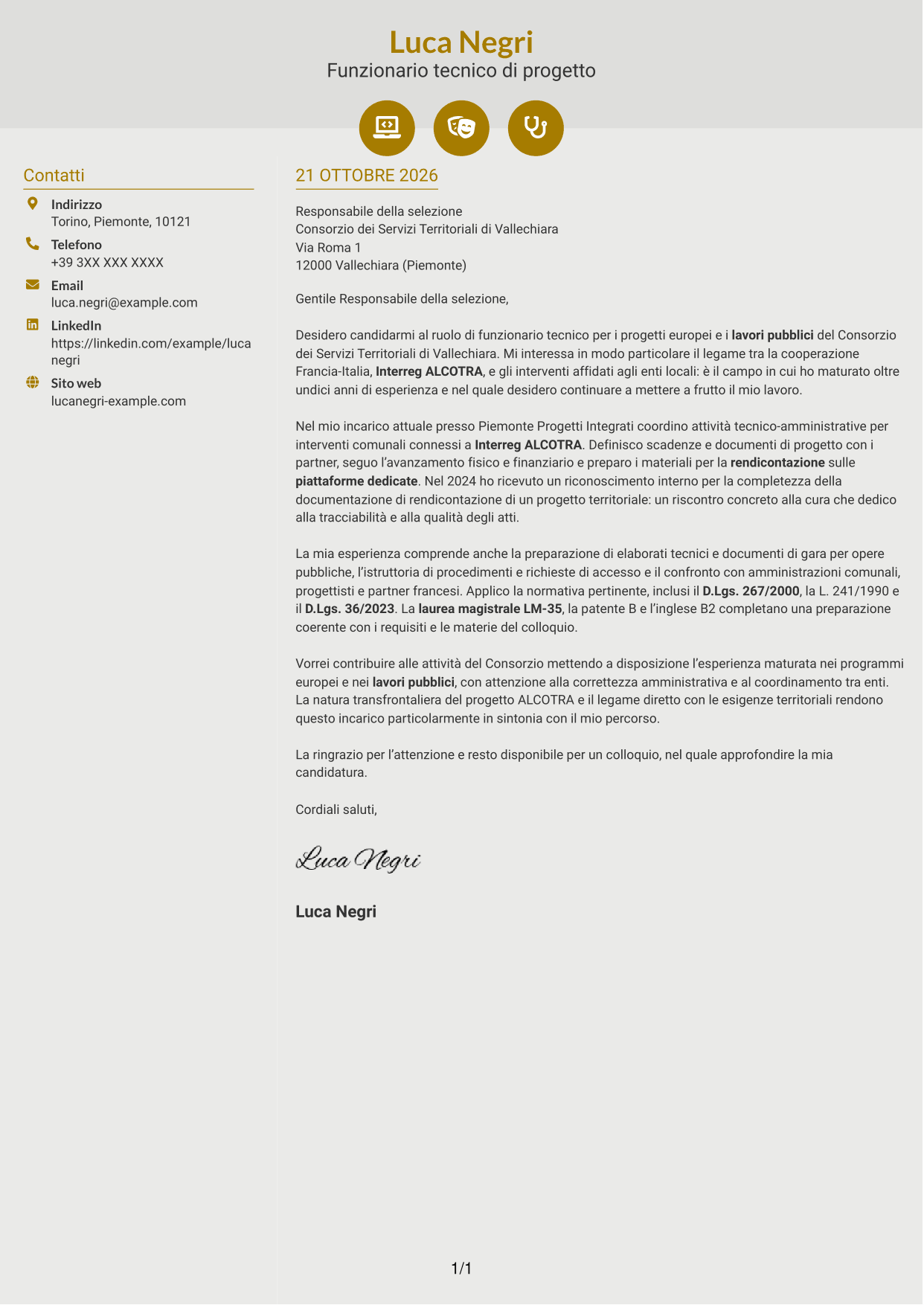Lettera di presentazione Dinamico (formato a due colonne con icone): Funzionario tecnico - Progetti europei e lavori pubblici, pagina 1