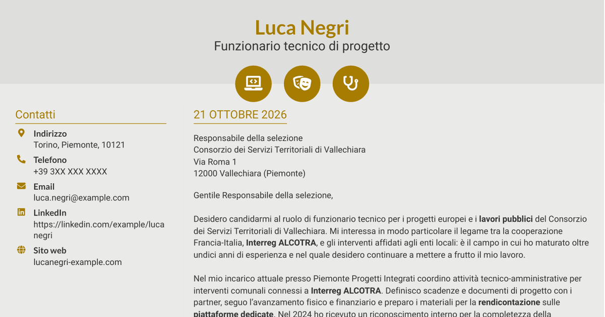 7 modelli di lettera di presentazione per Funzionario tecnico - Progetti europei e lavori pubblici, con esempi