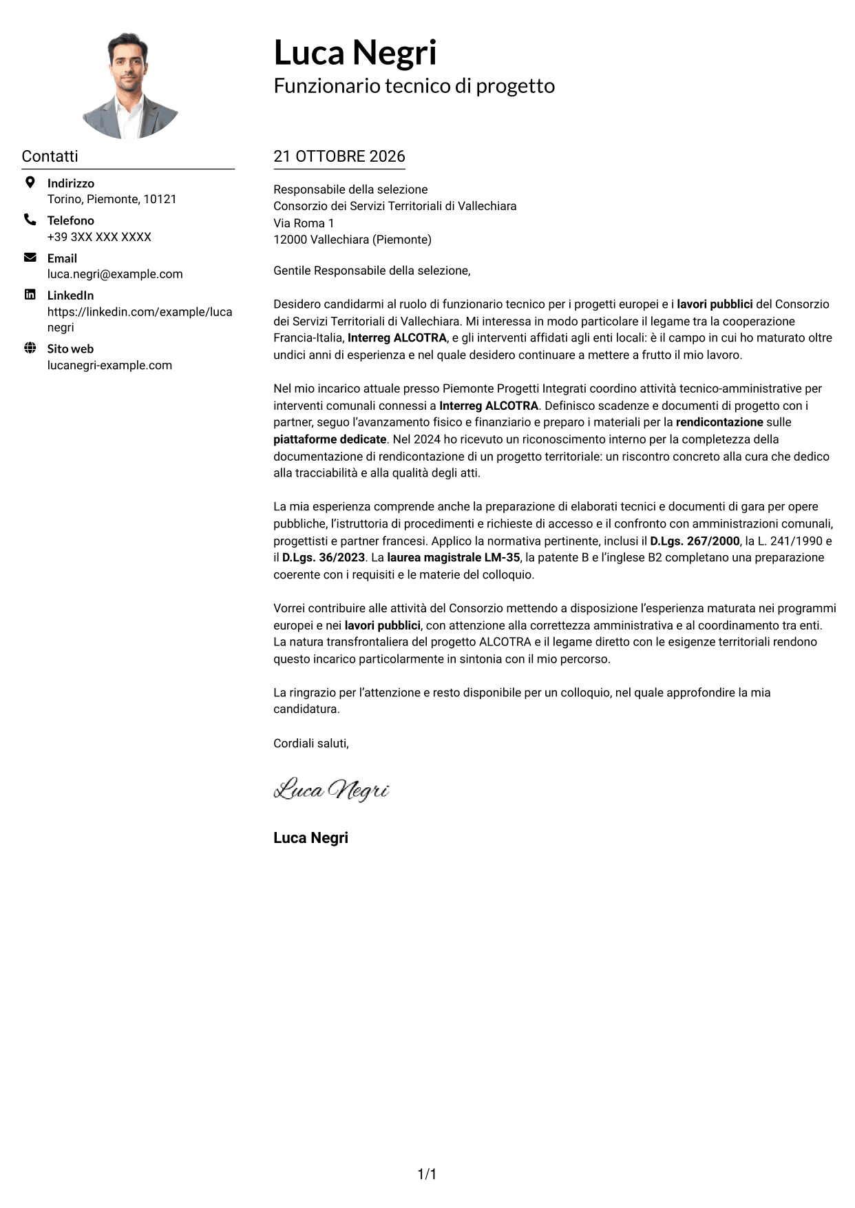 Esempio di lettera di presentazione — pagina 1