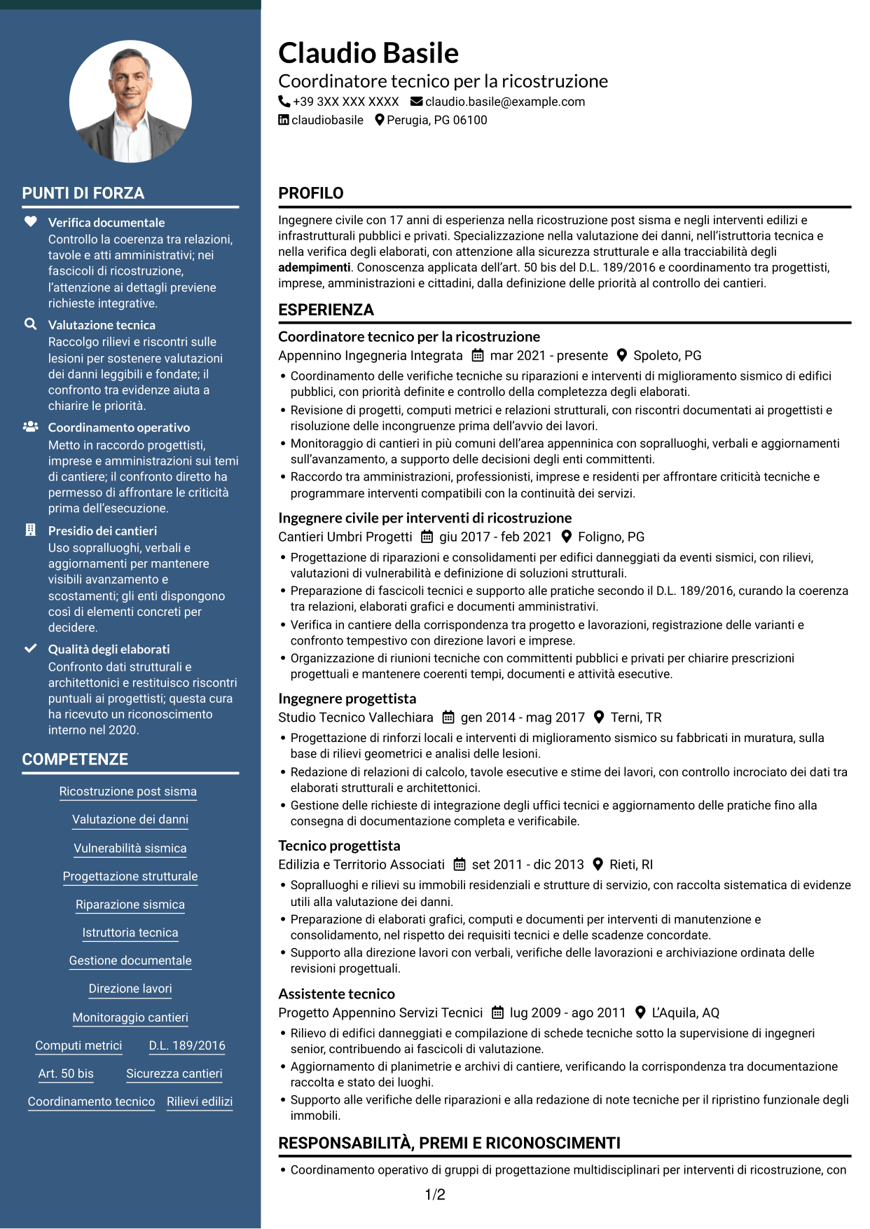 CV Elegante (formato con colonna laterale colorata e foto): Funzionario tecnico - Ricostruzione post-sisma, pagina 1