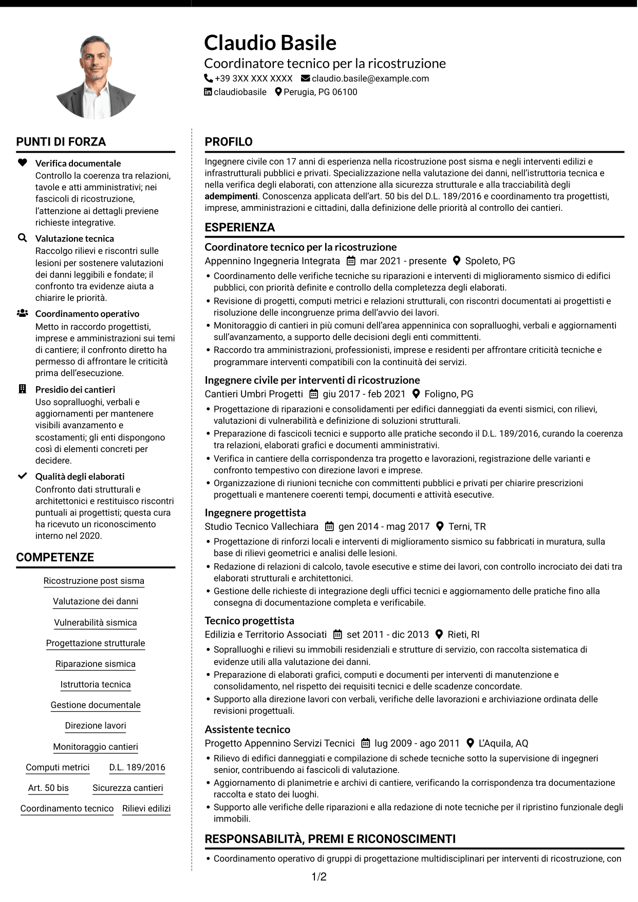 CV Moderno (formato a due colonne con foto a sinistra e separatore): Funzionario tecnico - Ricostruzione post-sisma, pagina 1