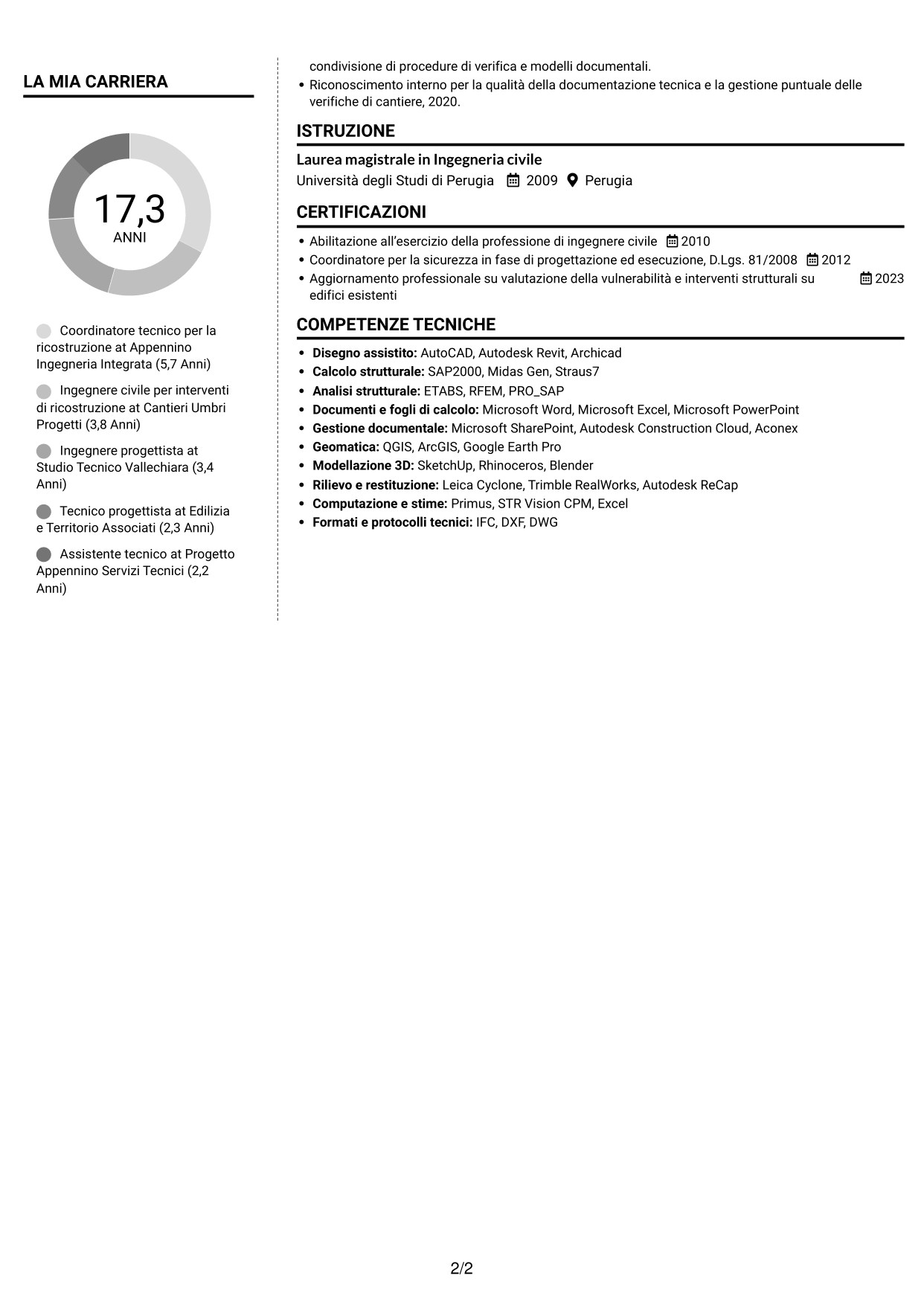 CV Moderno (formato a due colonne con foto a sinistra e separatore): Funzionario tecnico - Ricostruzione post-sisma, pagina 2