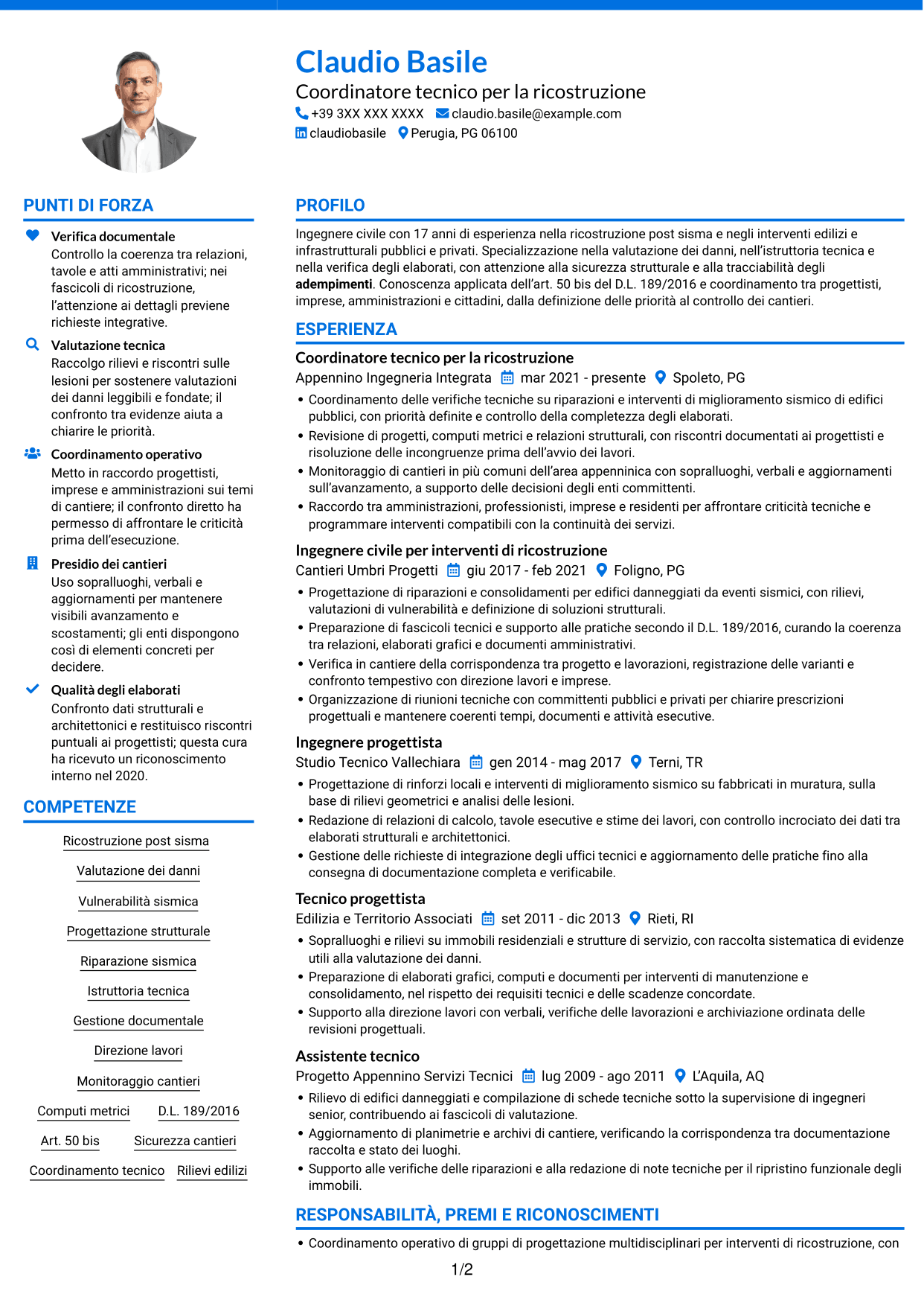 CV Audace (formato a due colonne con accenti colorati e foto): Funzionario tecnico - Ricostruzione post-sisma, pagina 1