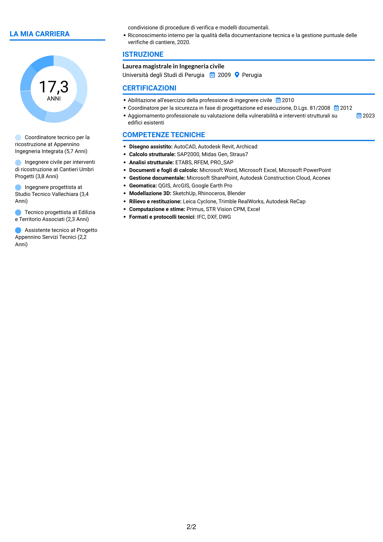 CV Audace (formato a due colonne con accenti colorati e foto): Funzionario tecnico - Ricostruzione post-sisma, pagina 2