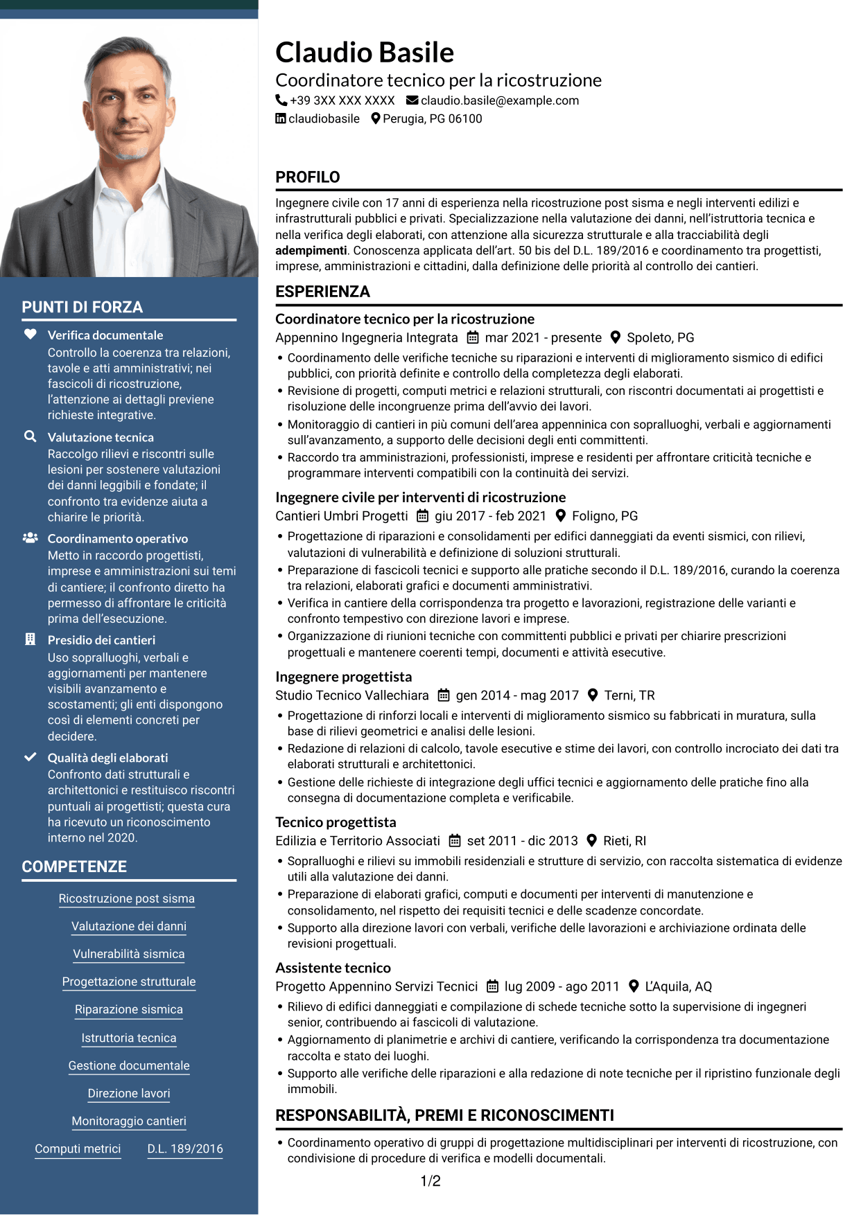 CV Signature (formato con colonna laterale colorata e foto grande): Funzionario tecnico - Ricostruzione post-sisma, pagina 1