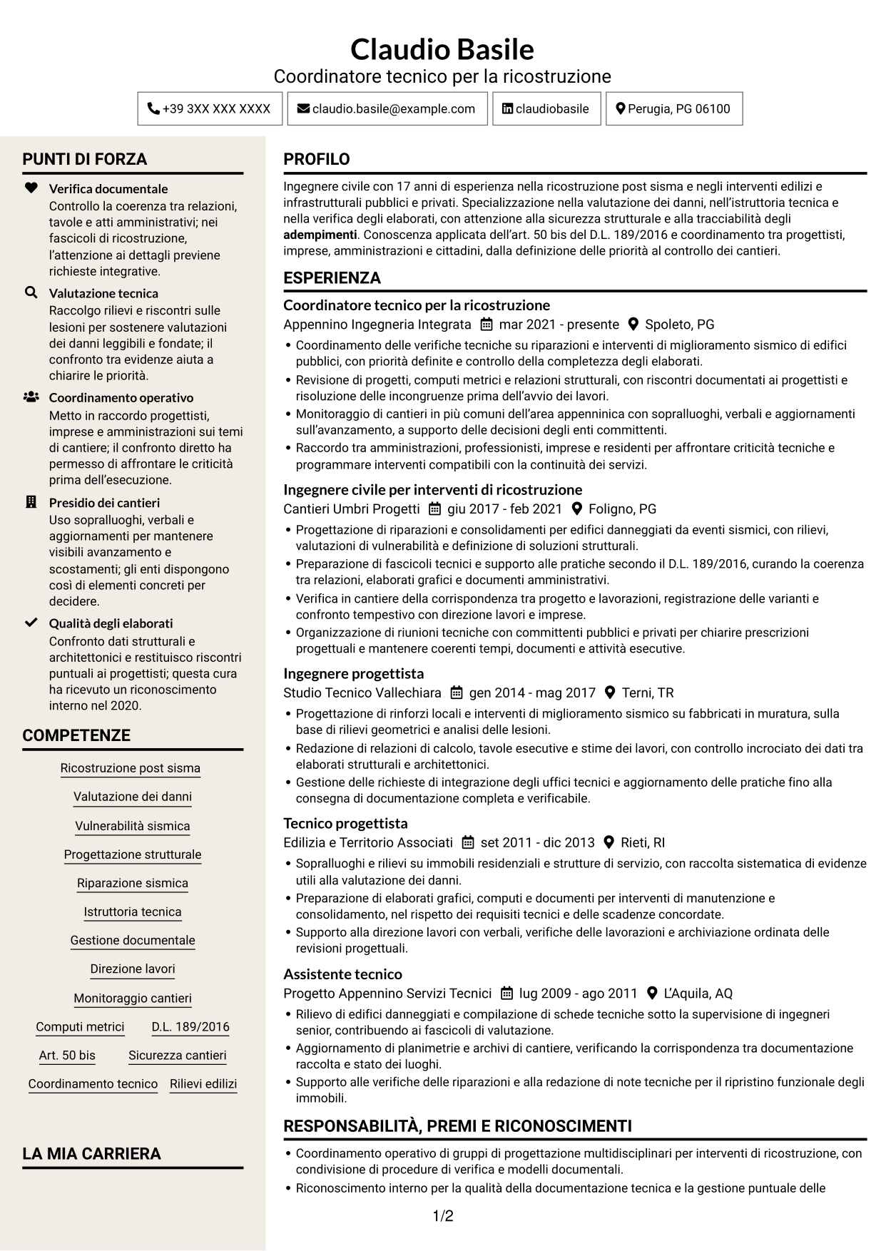 CV Intraprendente (formato a due colonne con intestazione centrata senza foto): Funzionario tecnico - Ricostruzione post-sisma, pagina 1