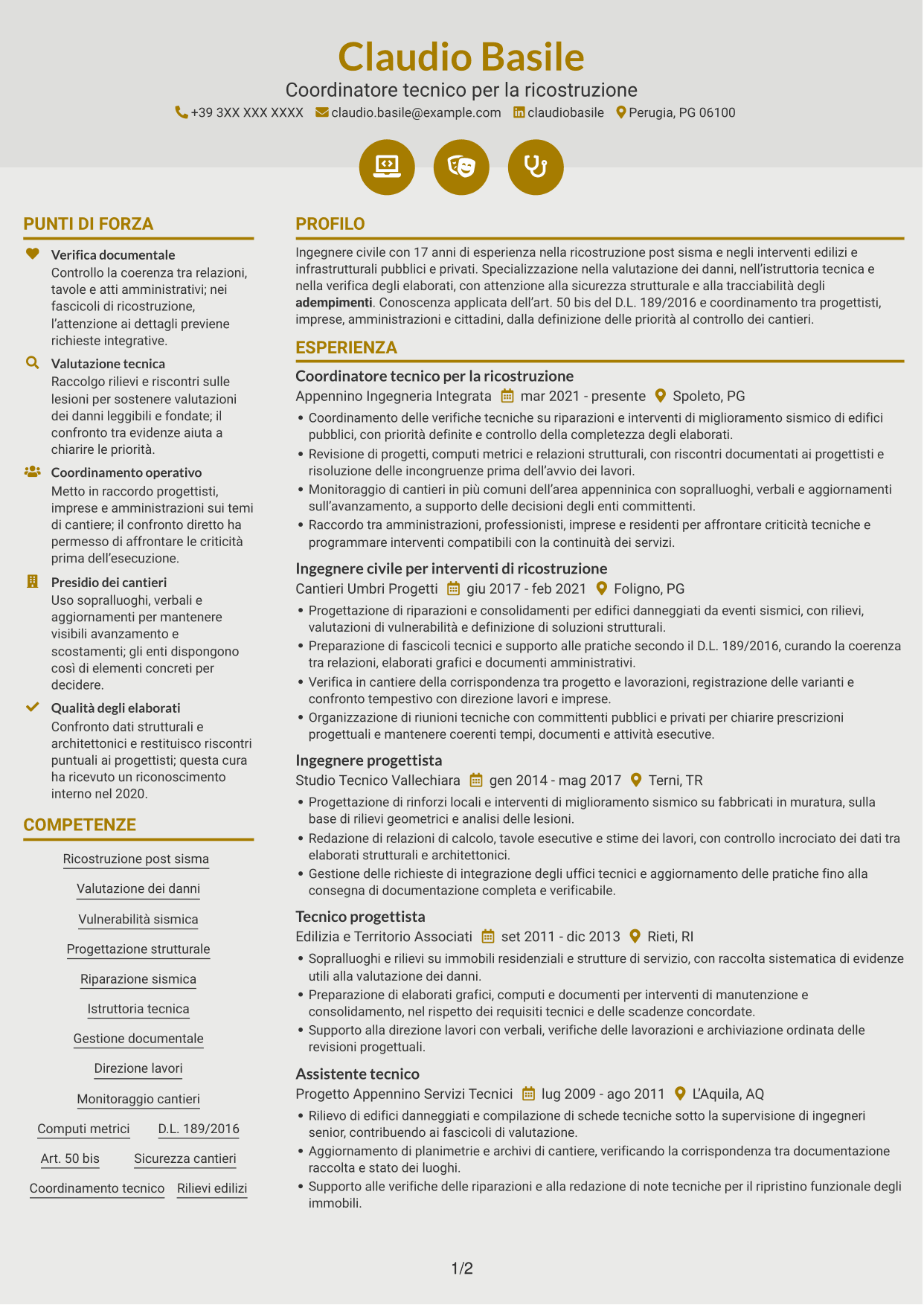 CV Dinamico (formato a due colonne con icone): Funzionario tecnico - Ricostruzione post-sisma, pagina 1