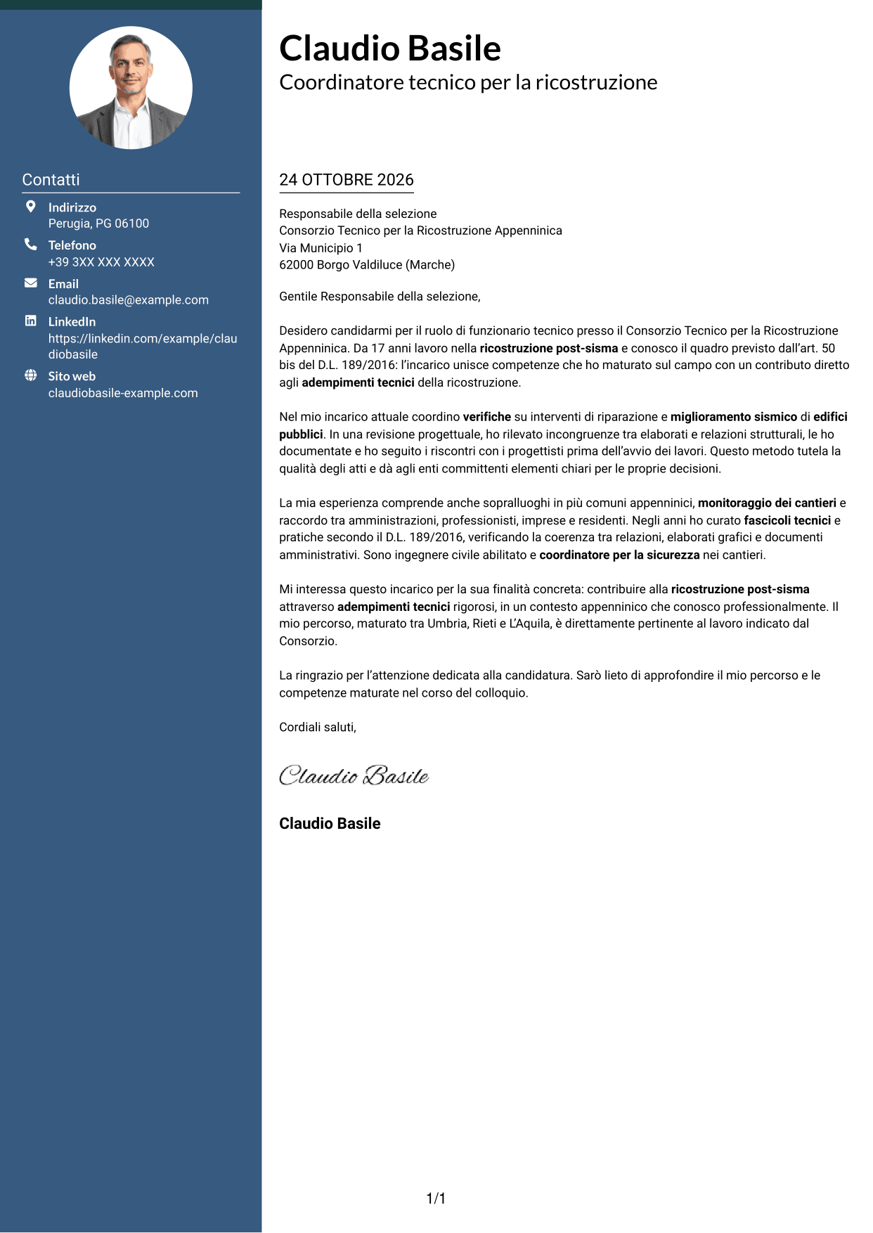Lettera di presentazione Elegante (formato con colonna laterale colorata e foto): Funzionario tecnico - Ricostruzione post-sisma, pagina 1