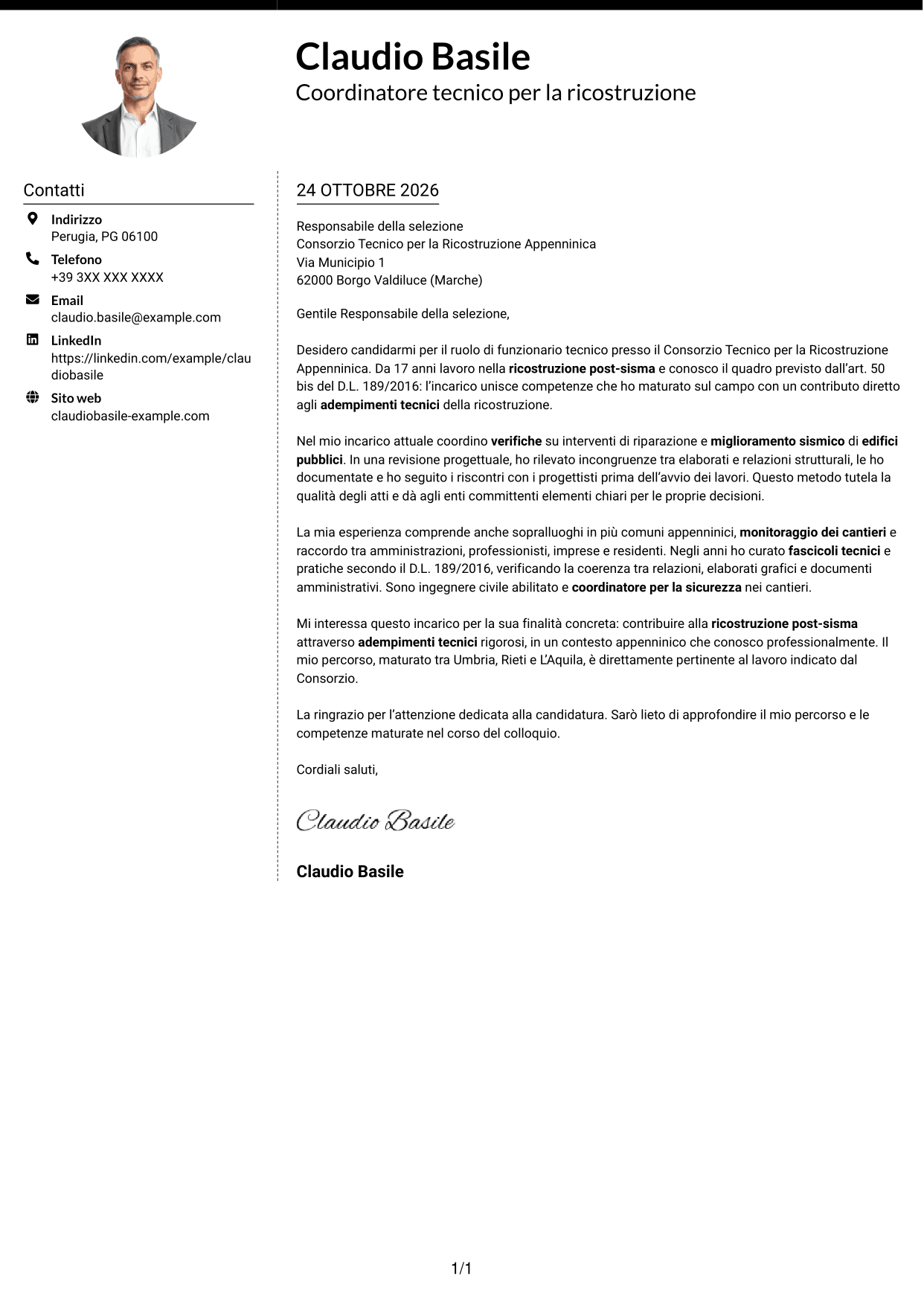 Lettera di presentazione Moderno (formato a due colonne con foto a sinistra e separatore): Funzionario tecnico - Ricostruzione post-sisma, pagina 1