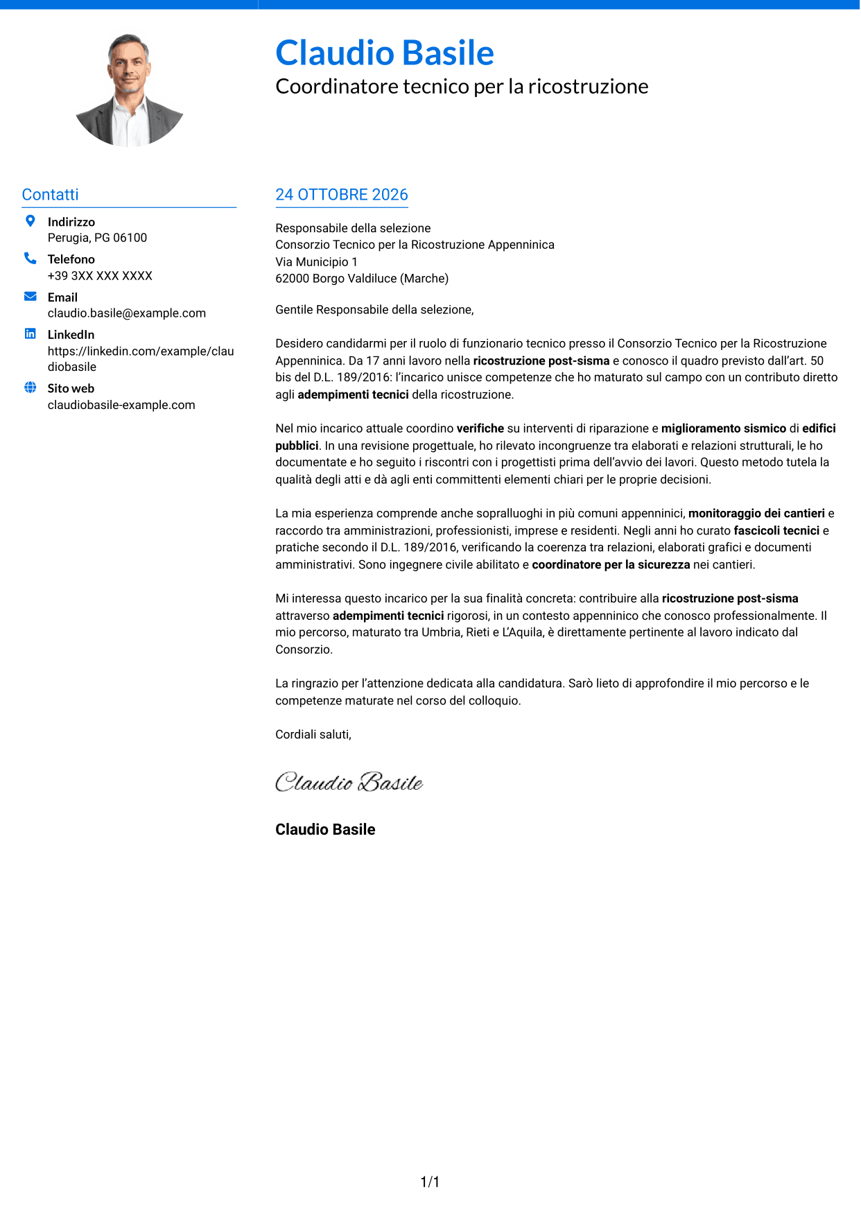 Lettera di presentazione Audace (formato a due colonne con accenti colorati e foto): Funzionario tecnico - Ricostruzione post-sisma, pagina 1