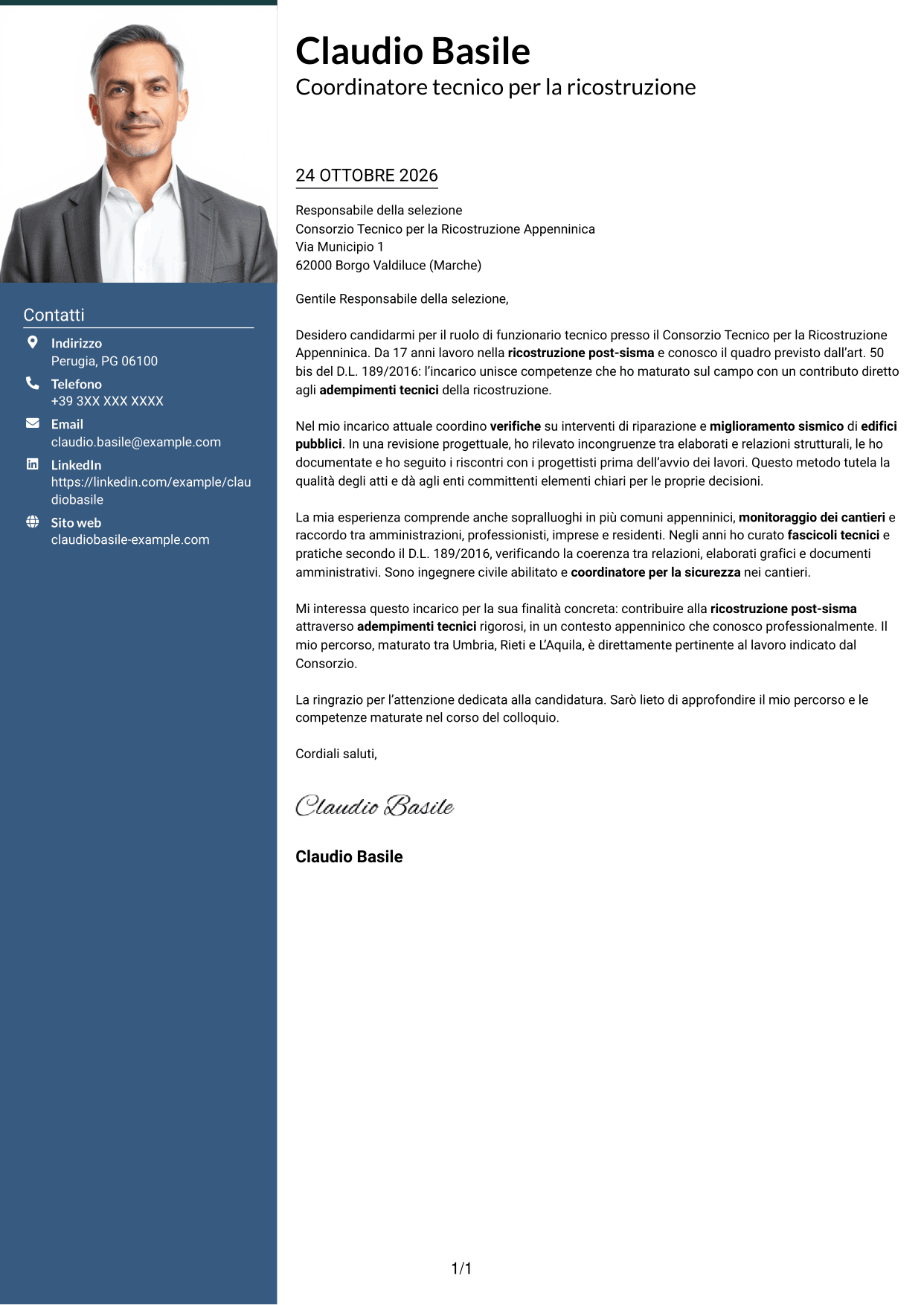 Lettera di presentazione Signature (formato con colonna laterale colorata e foto grande): Funzionario tecnico - Ricostruzione post-sisma, pagina 1