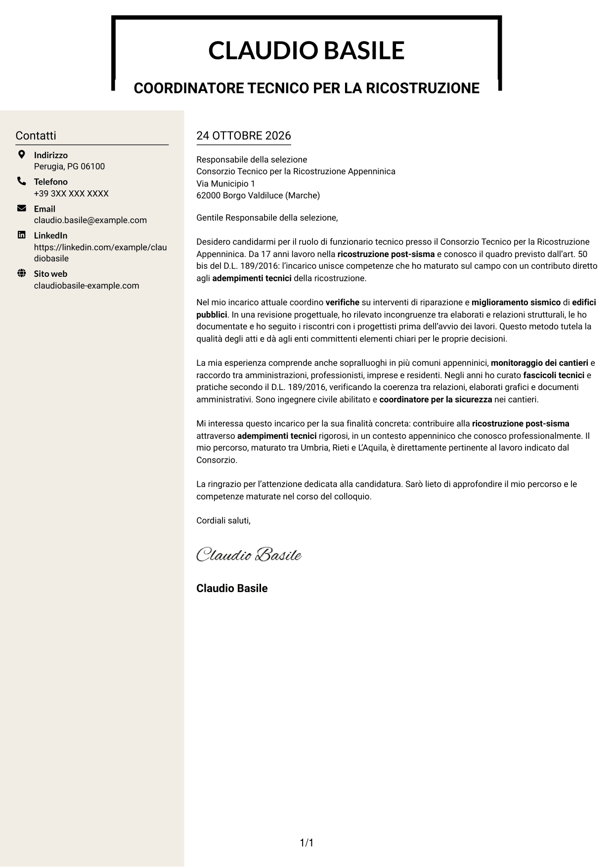 Lettera di presentazione Intraprendente (formato a due colonne con intestazione centrata senza foto): Funzionario tecnico - Ricostruzione post-sisma, pagina 1