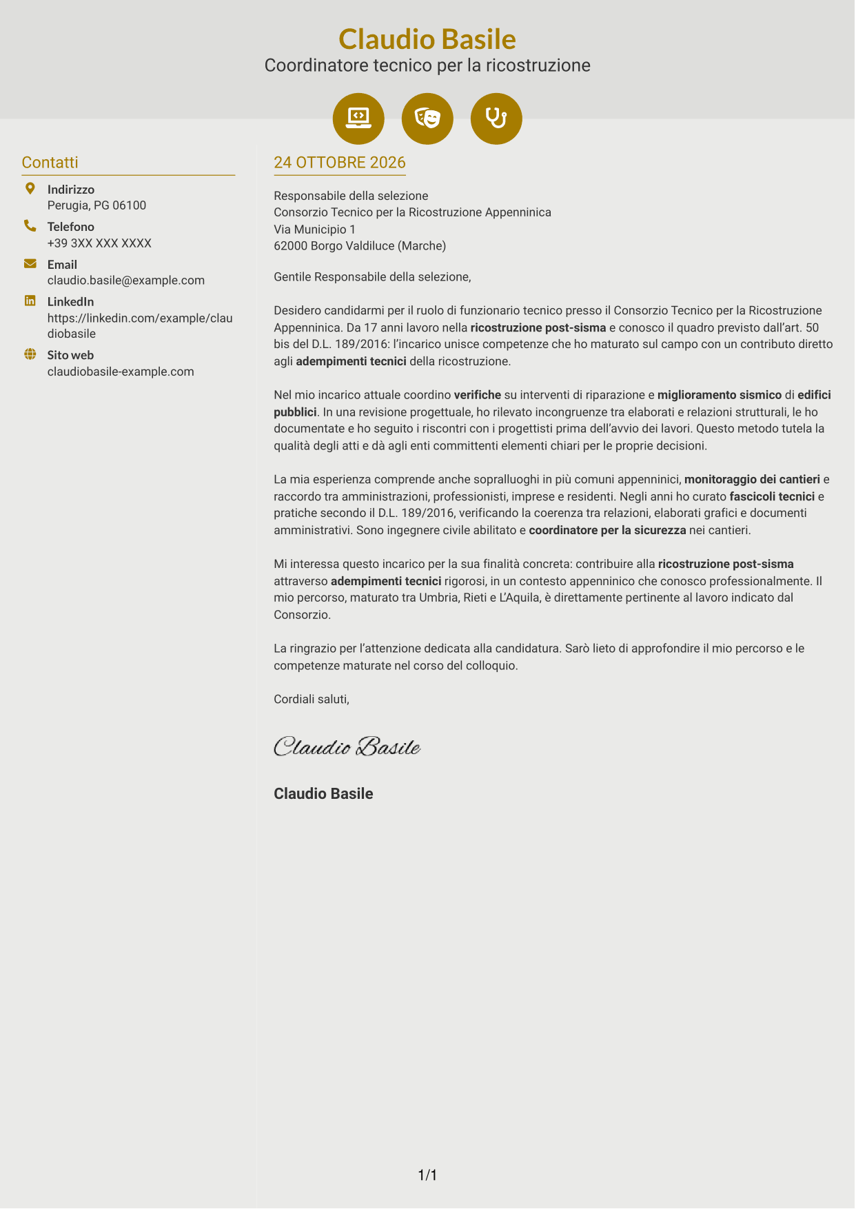 Lettera di presentazione Dinamico (formato a due colonne con icone): Funzionario tecnico - Ricostruzione post-sisma, pagina 1