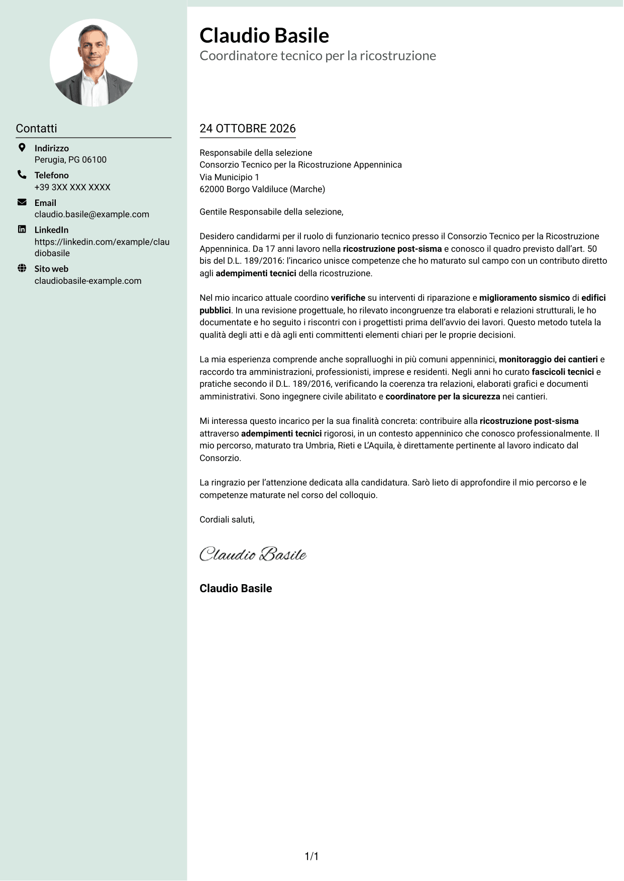 Lettera di presentazione Dirigente (formato con colonna laterale tenue e foto arrotondata): Funzionario tecnico - Ricostruzione post-sisma, pagina 1