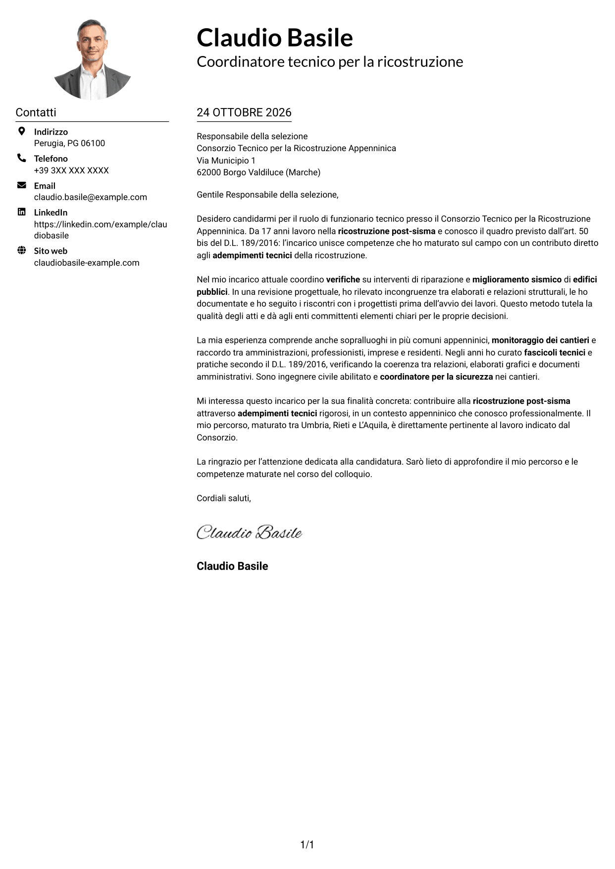 Esempio di lettera di presentazione — pagina 1