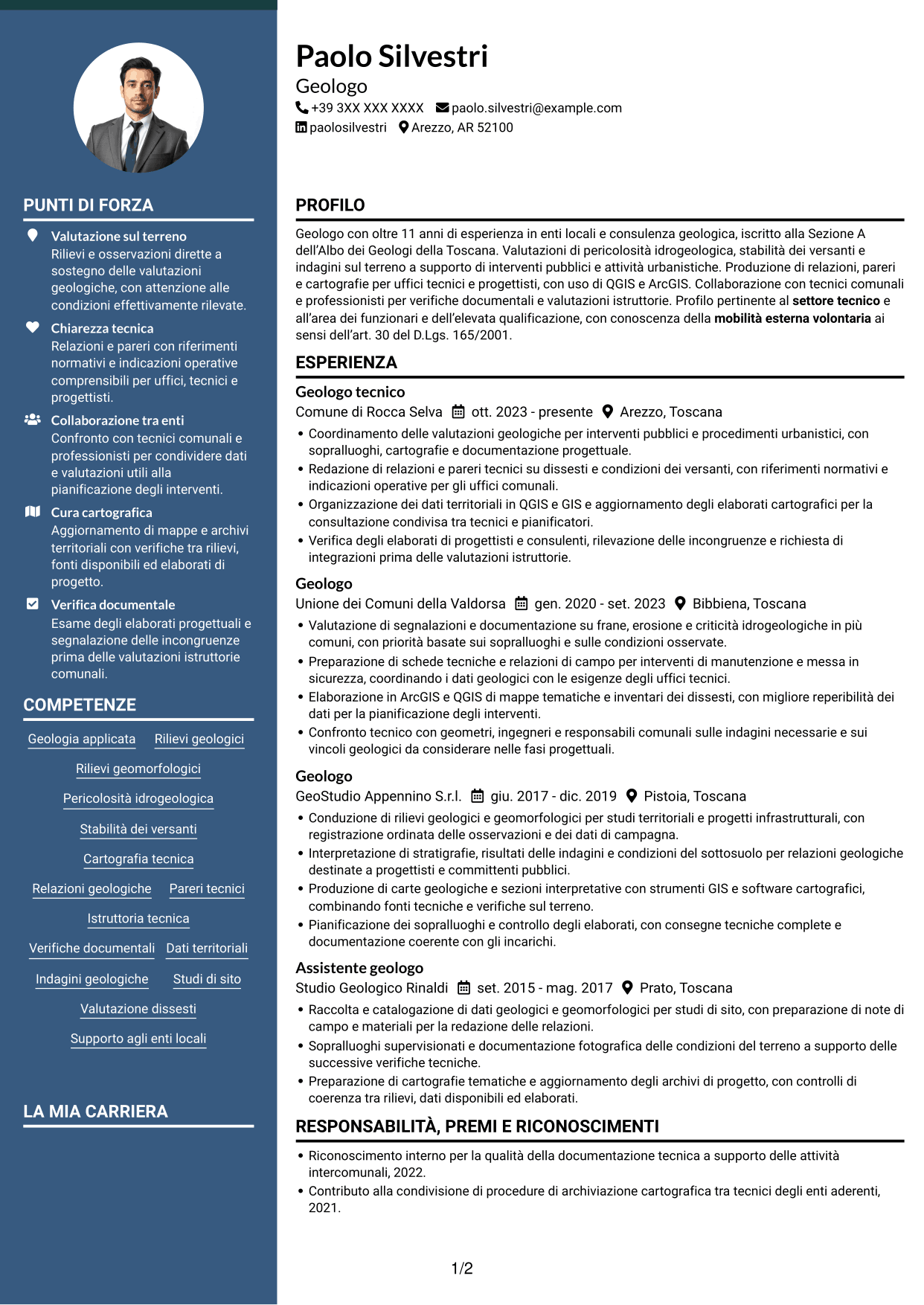 CV Elegante (formato con colonna laterale colorata e foto): Geologo, pagina 1