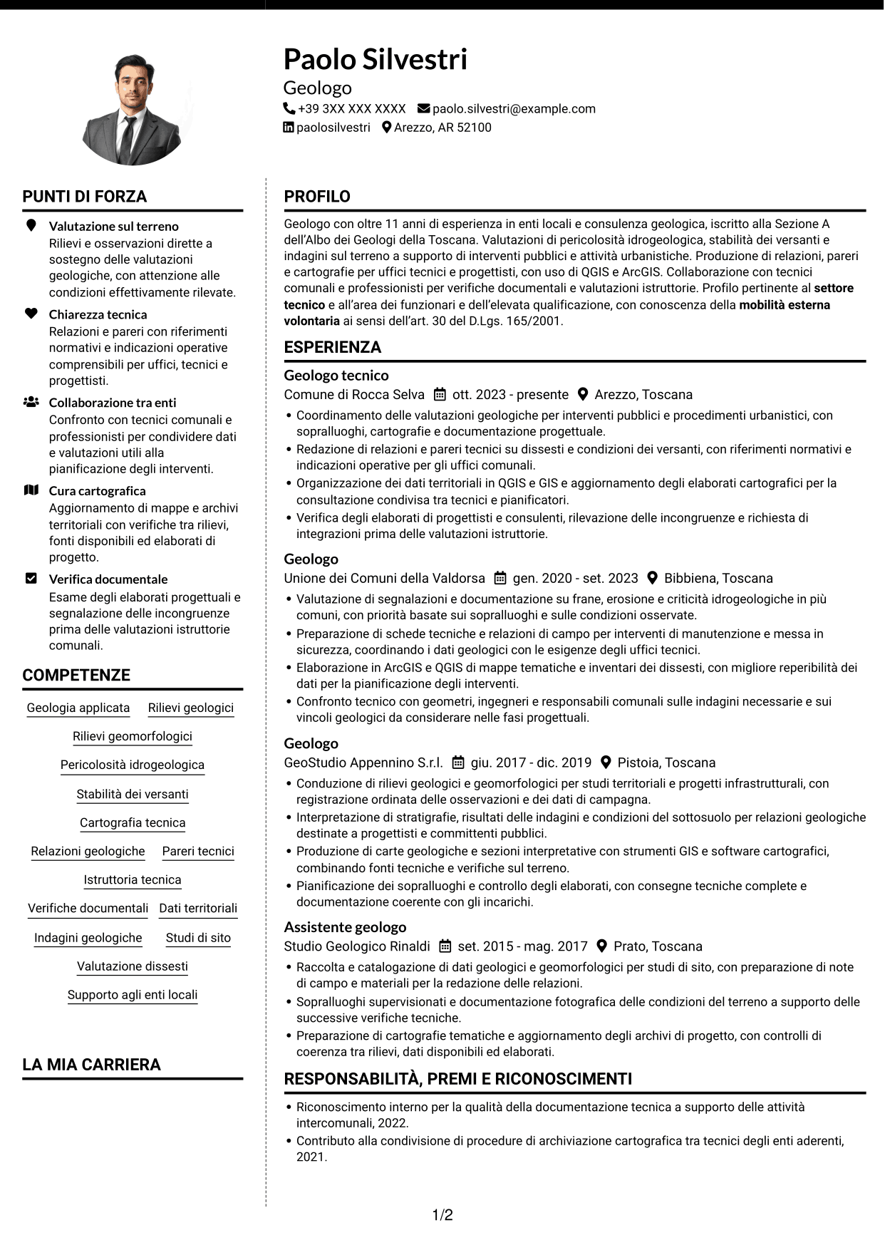 CV Moderno (formato a due colonne con foto a sinistra e separatore): Geologo, pagina 1