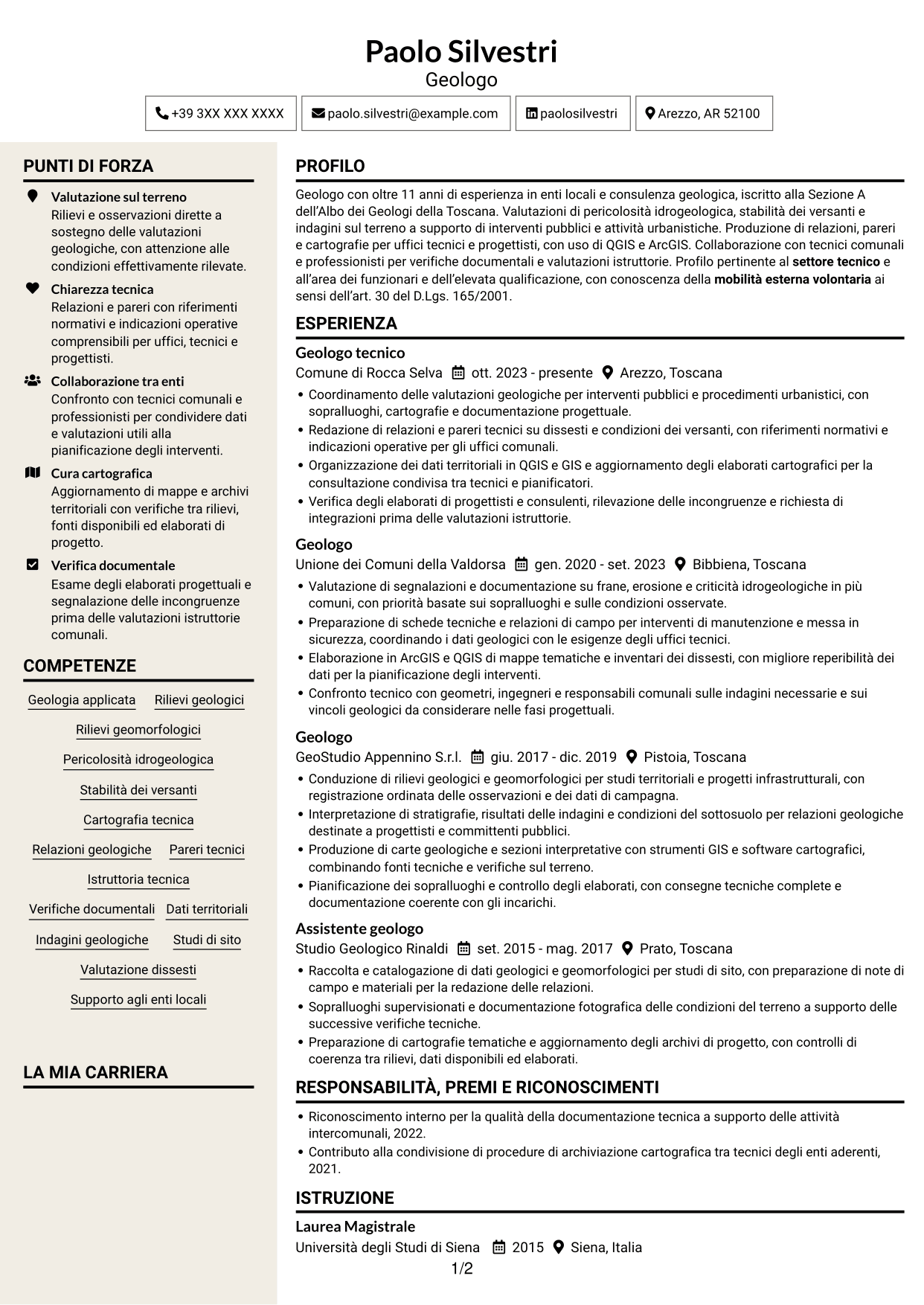 CV Intraprendente (formato a due colonne con intestazione centrata senza foto): Geologo, pagina 1
