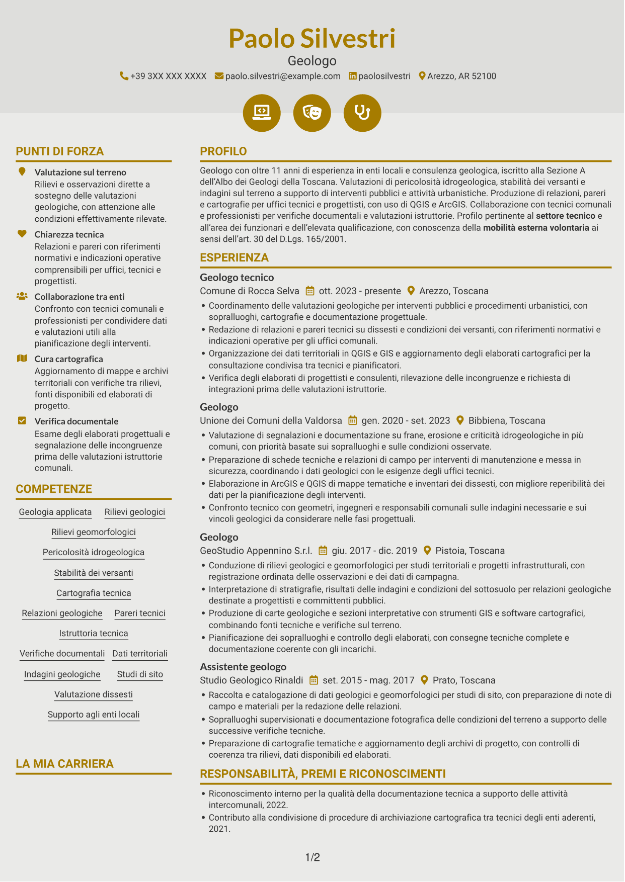 CV Dinamico (formato a due colonne con icone): Geologo, pagina 1