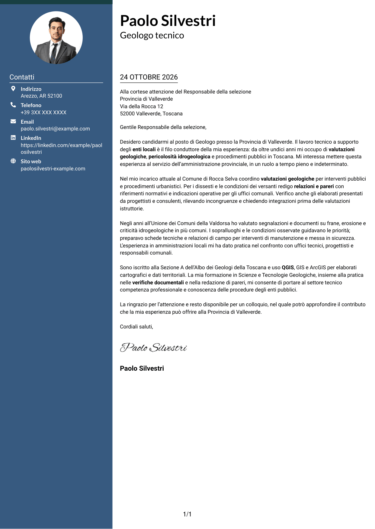 Lettera di presentazione Elegante (formato con colonna laterale colorata e foto): Geologo, pagina 1